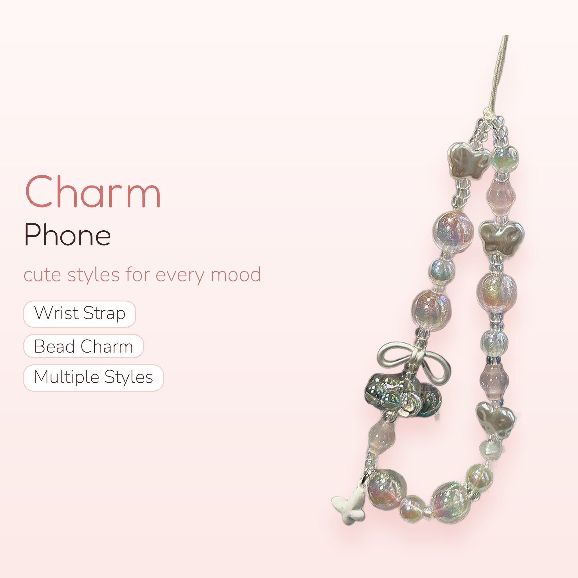 Iridescent Butterfly & Bow Phone Charm | Pastel Beaded Wrist Lanyard