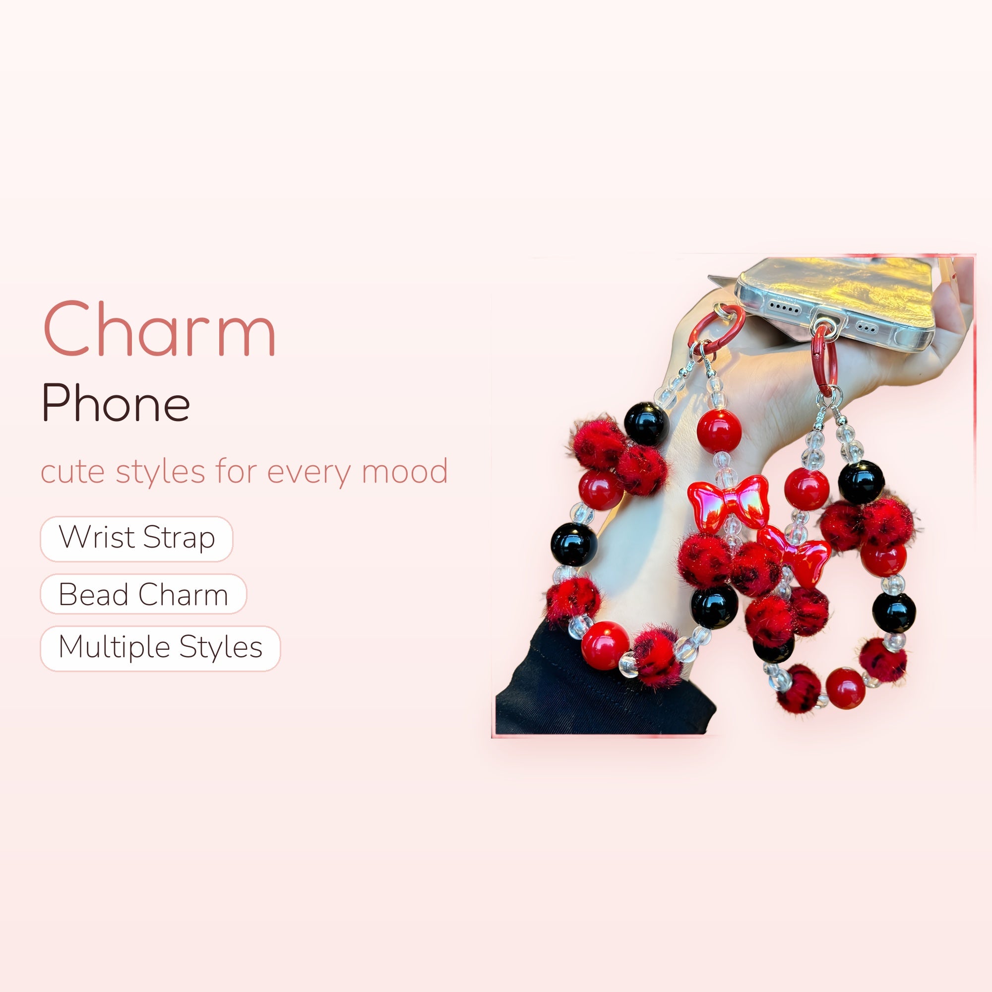 Kawaii Red & Black Beaded Phone Charm Strap | Fuzzy Pom Pom & Bow Wrist Lanyard