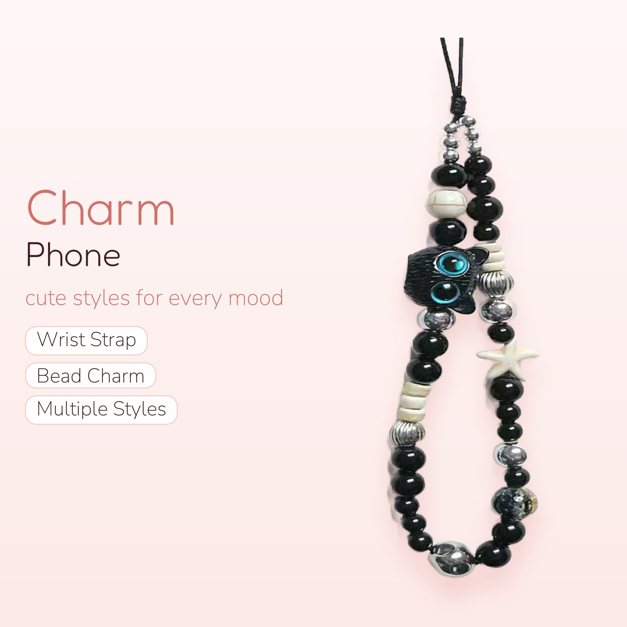 Black & White Beaded Phone Charm | Cute Octopus & Starfish Wrist Strap