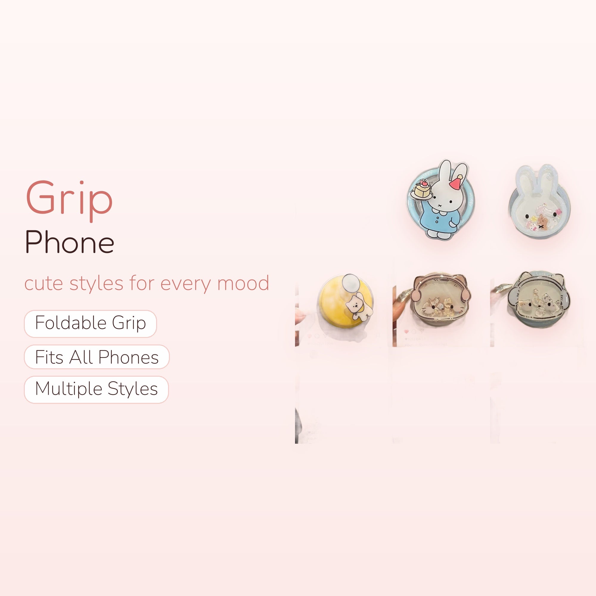 Kawaii Cartoon Character Liquid Glitter Phone Grip | Cute Pop Socket Stand for Girls