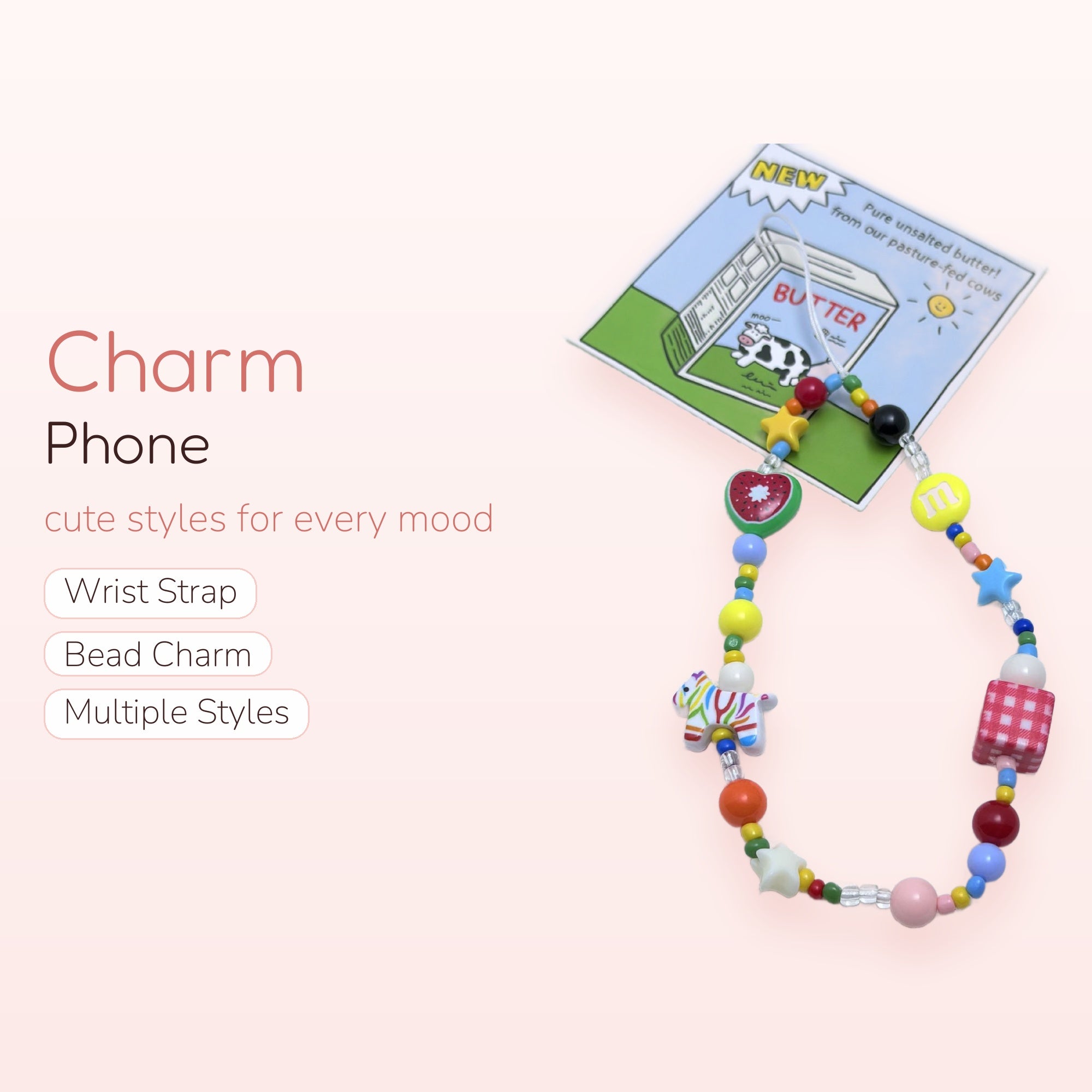 Y2K Rainbow Beaded Phone Charm Strap | Cute Fruit & Animal Wrist Lanyard