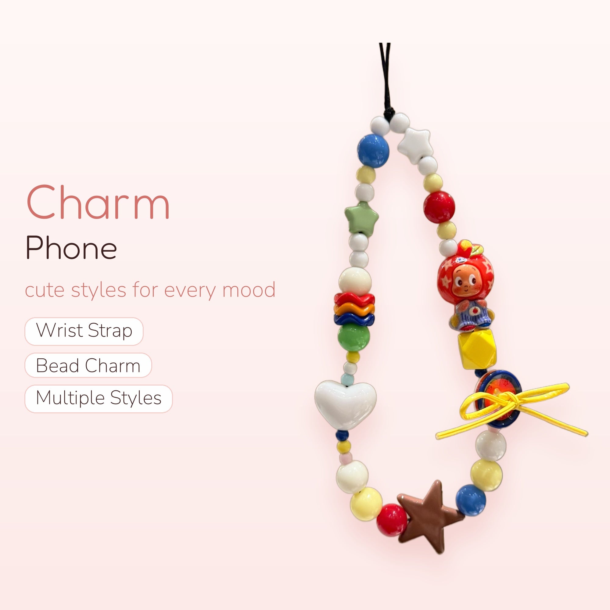 Colorful Beaded Phone Charm Strap | Kawaii Character & Star Wrist Lanyard