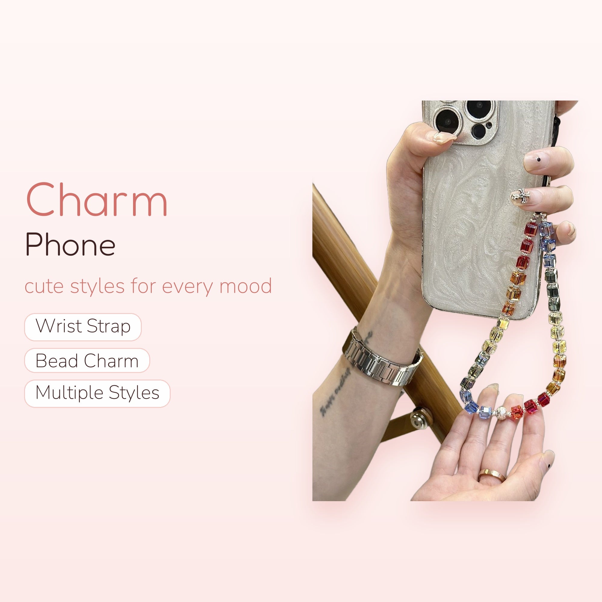 Aesthetic Rainbow Cube Crystal Phone Charm | Colorful Beaded Wrist Strap Lanyard