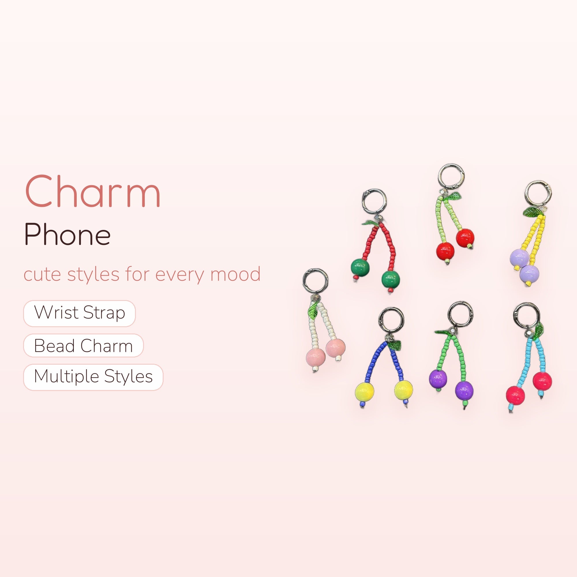 Kawaii Beaded Cherry Phone Charms | Colorful Fruit Keychains
