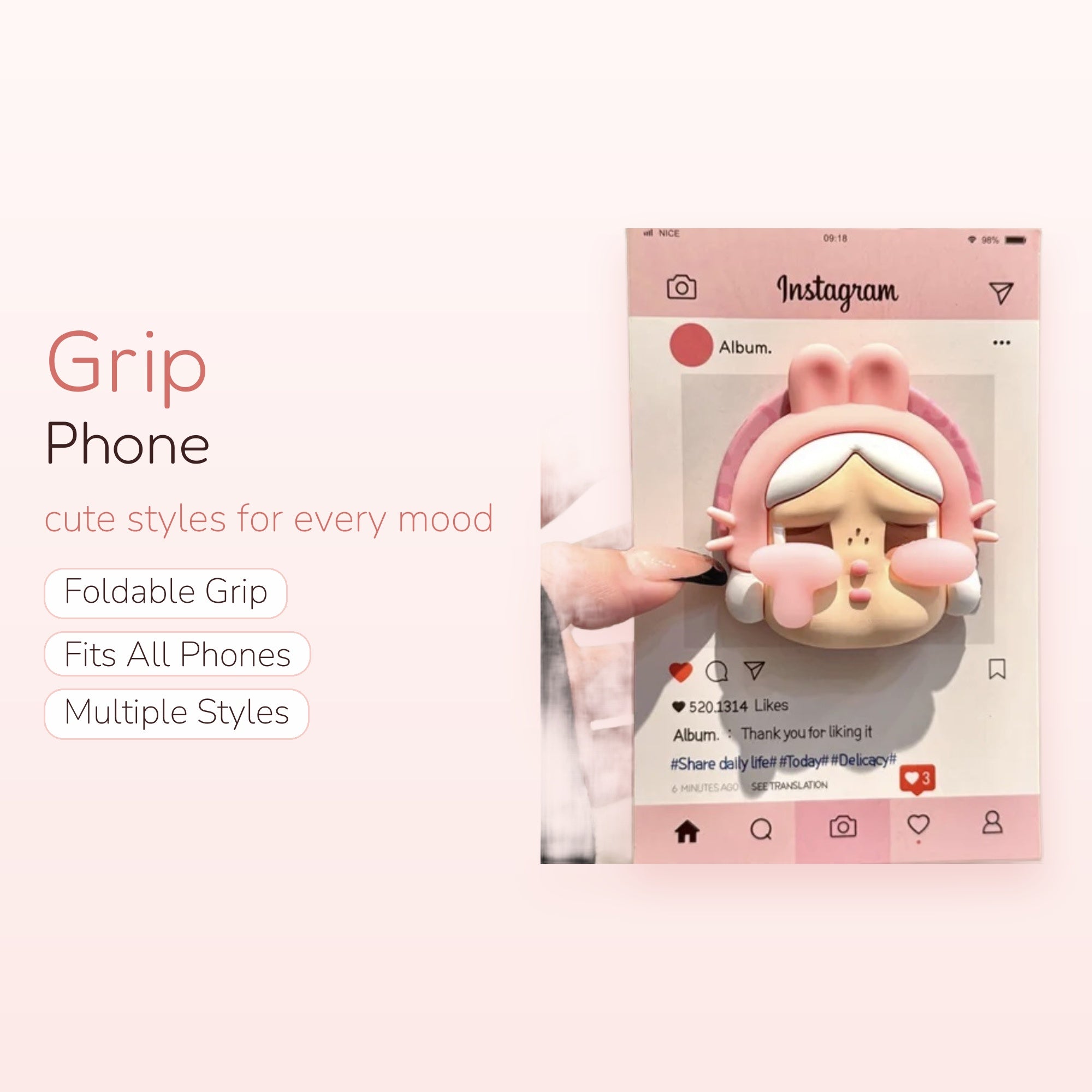 Pink Bunny Girl Instagram Phone Grip | Kawaii Pop Socket Stand for Phones