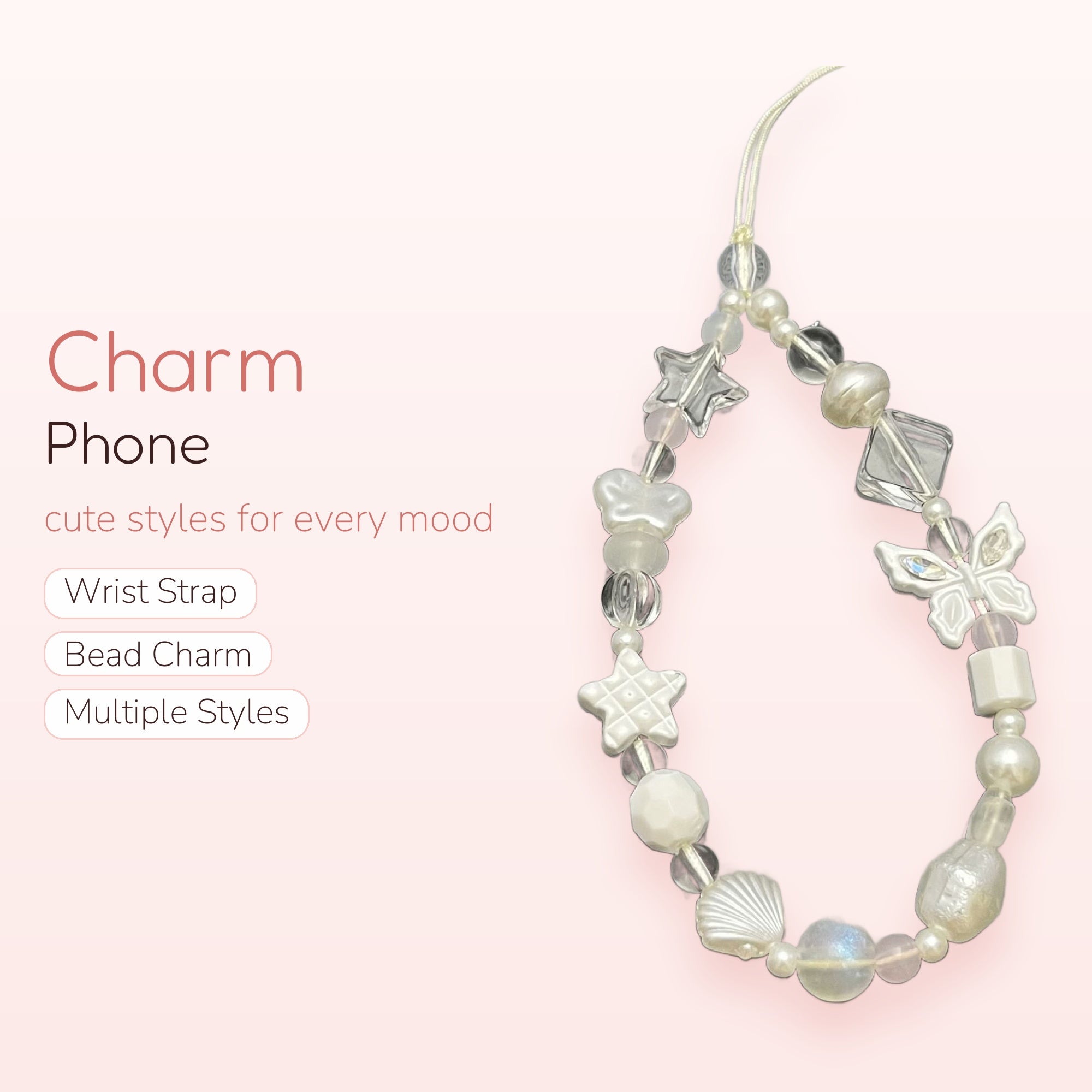 Aesthetic White & Clear Beaded Phone Charm | Kawaii Star Butterfly Wrist Strap