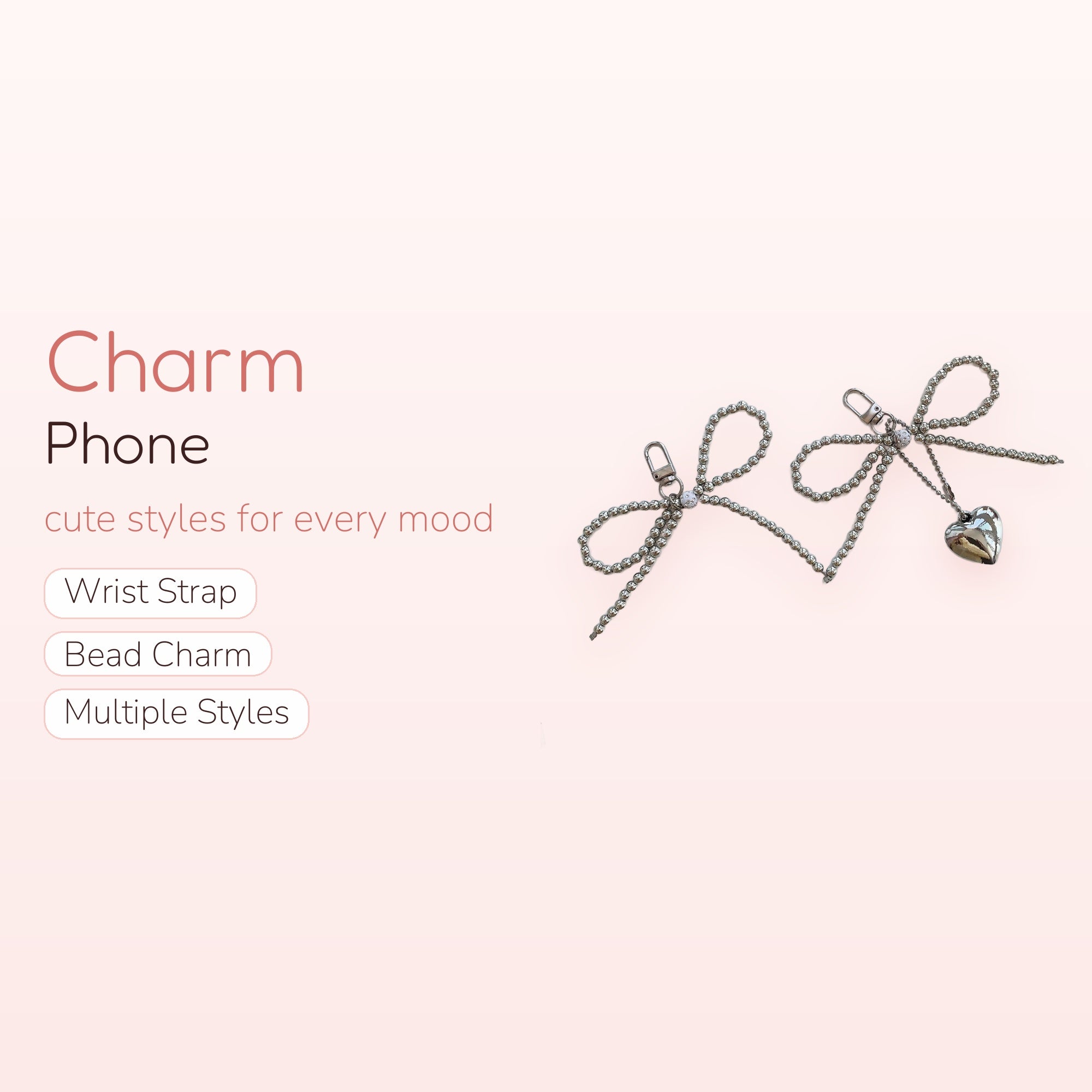 Aesthetic Silver Beaded Bow Phone Charm | Cute Heart Pendant Wrist Strap
