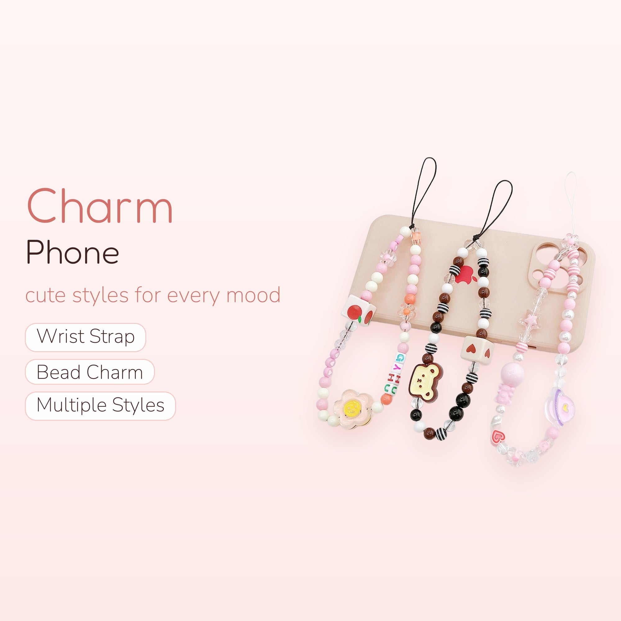 Kawaii Beaded Phone Charm Straps | Pastel Pink & Brown Aesthetic Wrist Lanyards