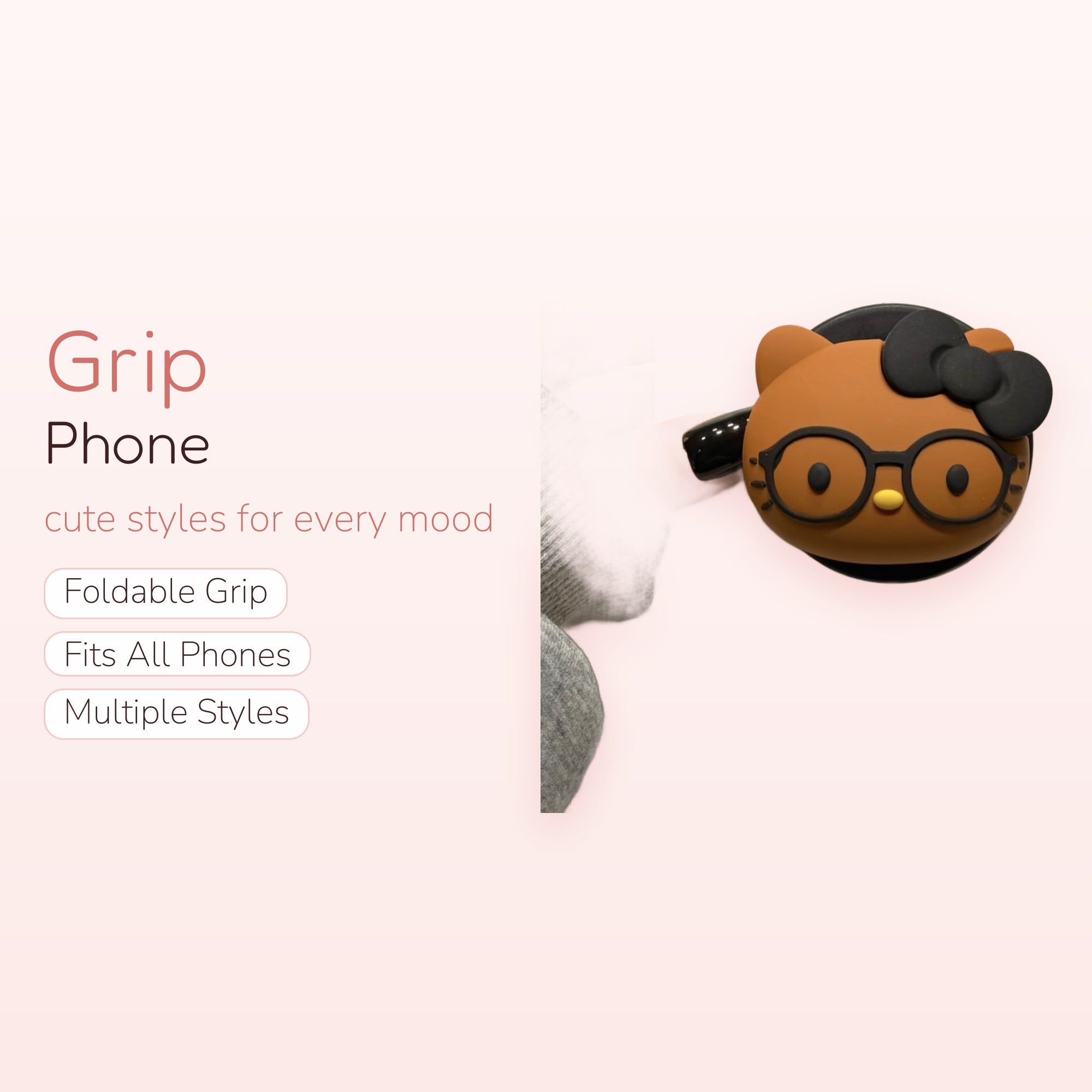 Cute Hello Kitty Glasses Phone Grip | Kawaii Brown Pop Socket Stand