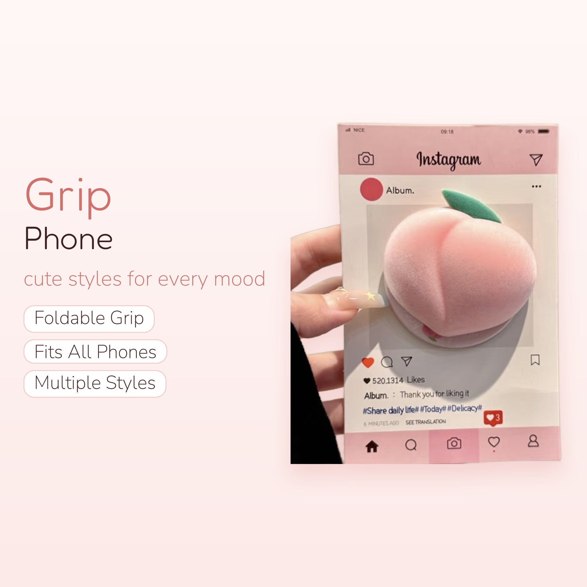 Fluffy Pink Peach Phone Grip | Kawaii Pop Socket Stand for Girls