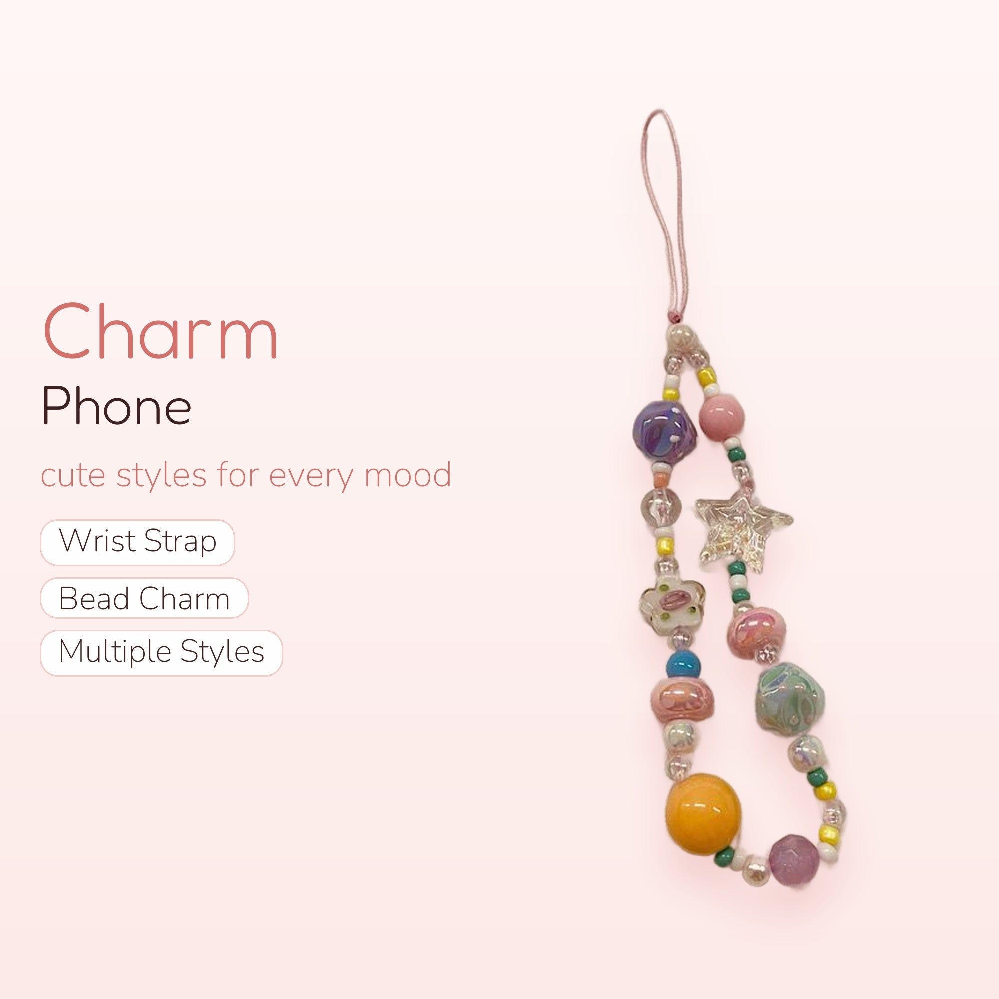 Pastel Beaded Phone Charm Strap | Kawaii Star & Flower Wrist Lanyard