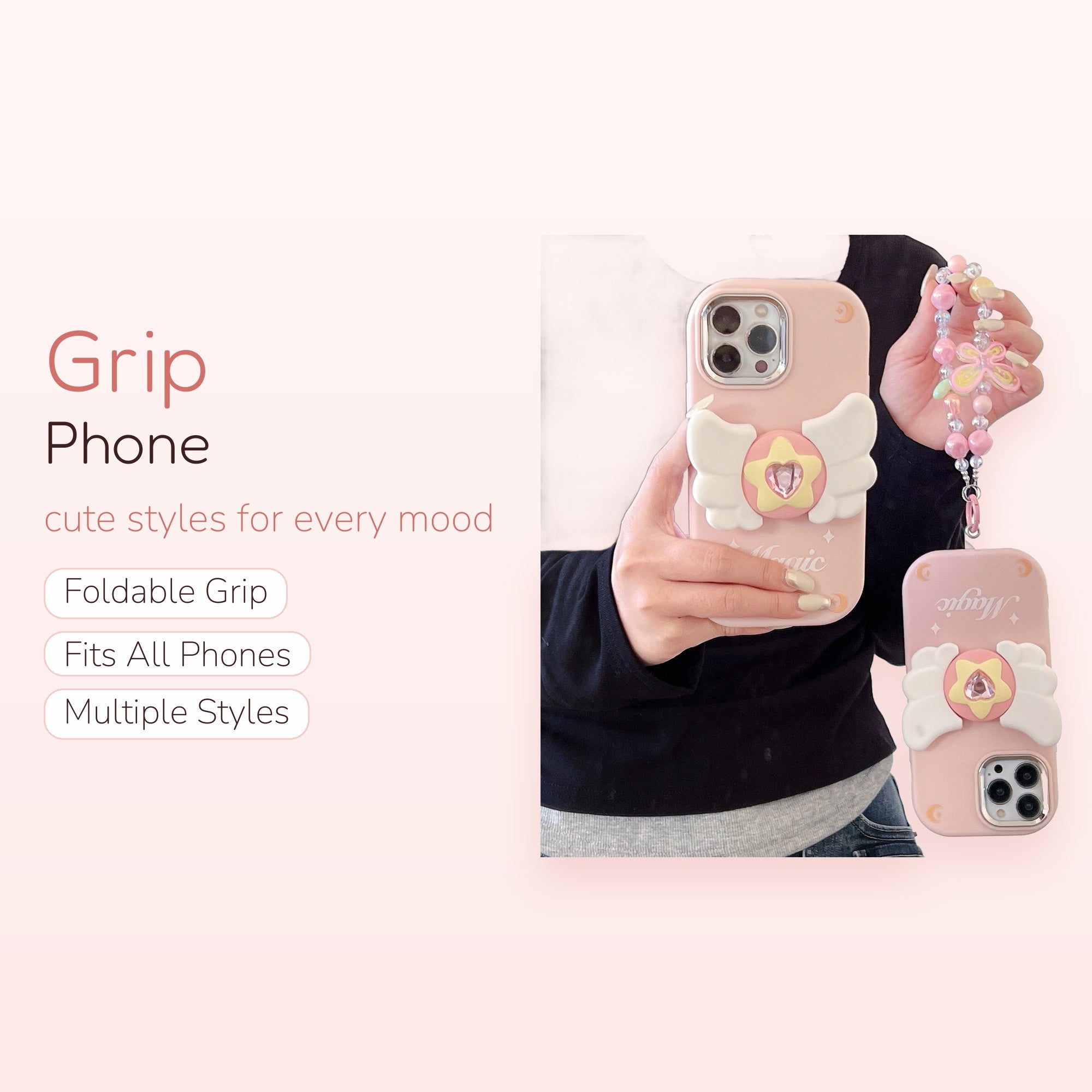 Kawaii Pink Winged Star Phone Grip | Cute Heart Gem Pop Socket Stand