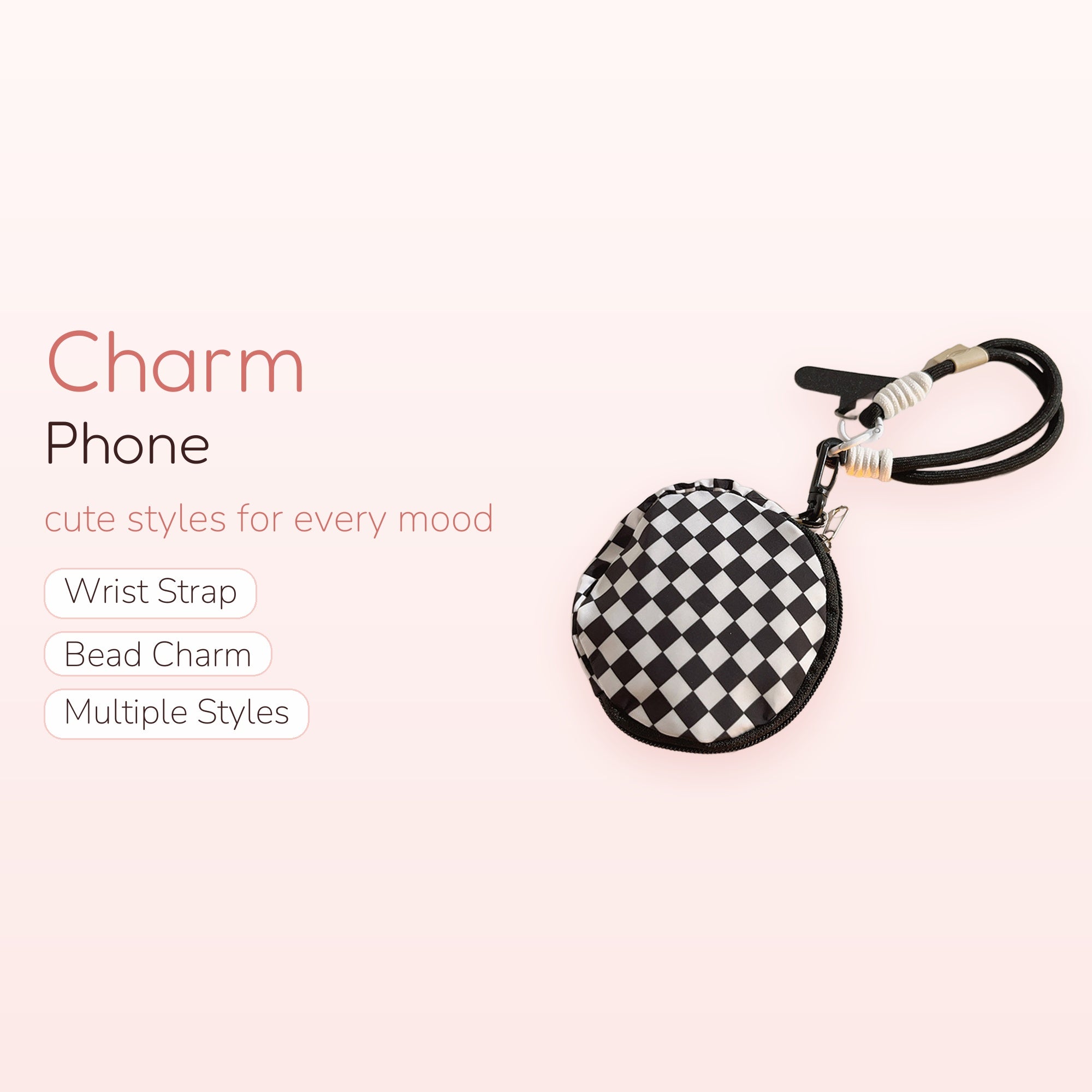 Black & White Checkered Pouch Phone Charm | Aesthetic Mini Zippered Bag Lanyard