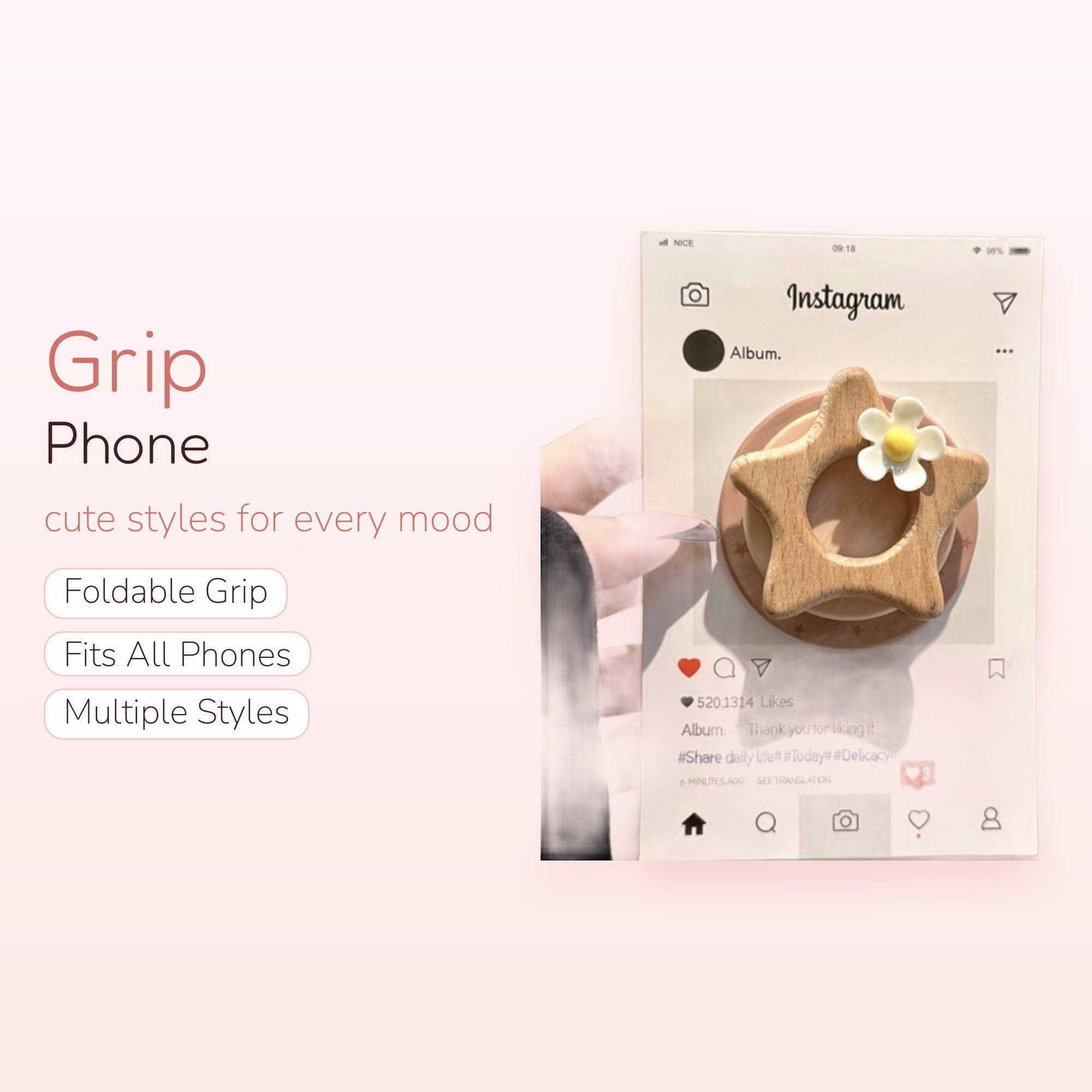 Cute Wooden Star Phone Grip | Aesthetic Daisy Pop Socket Stand