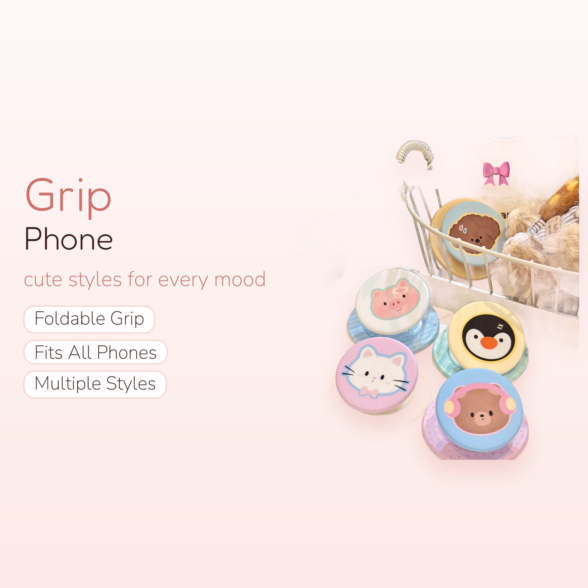 Kawaii Animal Face Phone Grip | Cute Expandable Pop Socket Stand