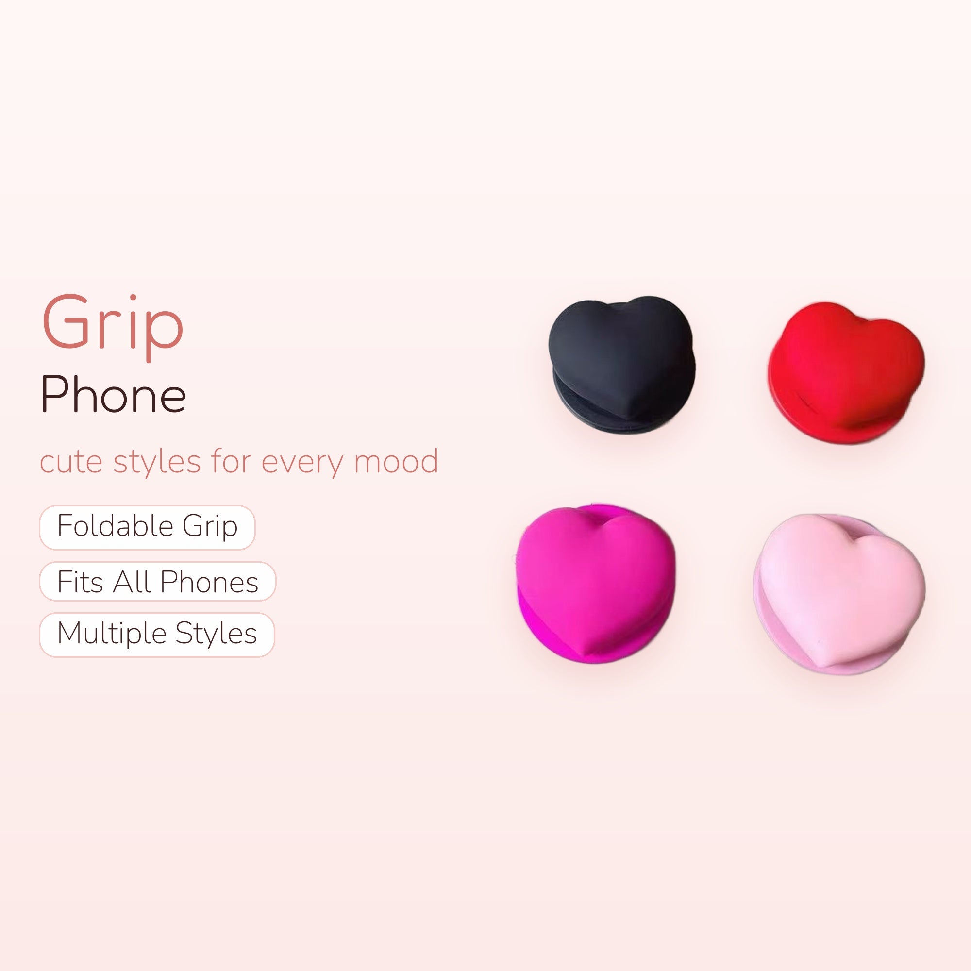 Cute Heart Phone Grip | Kawaii Pop Socket Stand in Black, Red, Pink