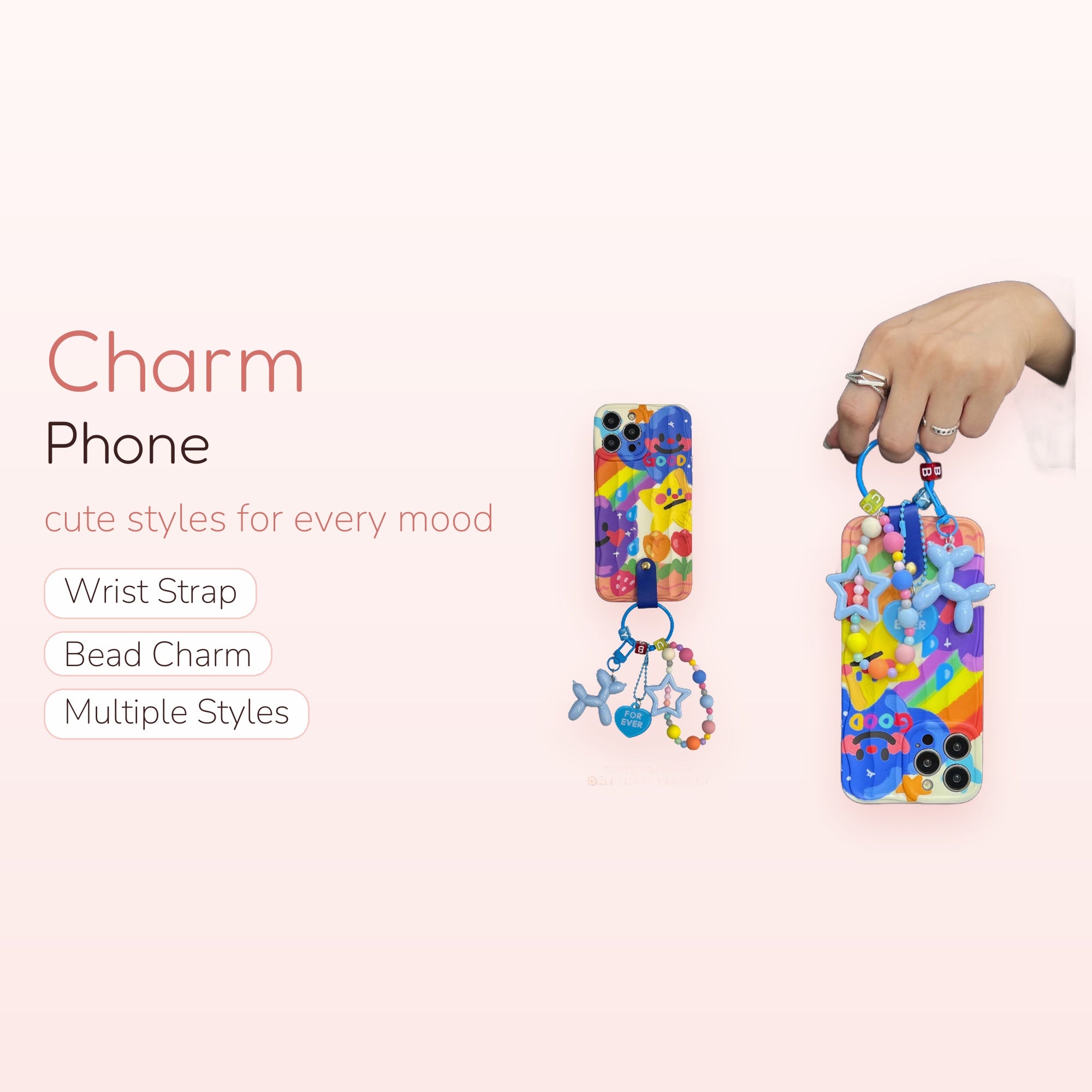 Kawaii Rainbow Doodle Phone Charm Strap | Cute Balloon Dog & Star Beaded Lanyard