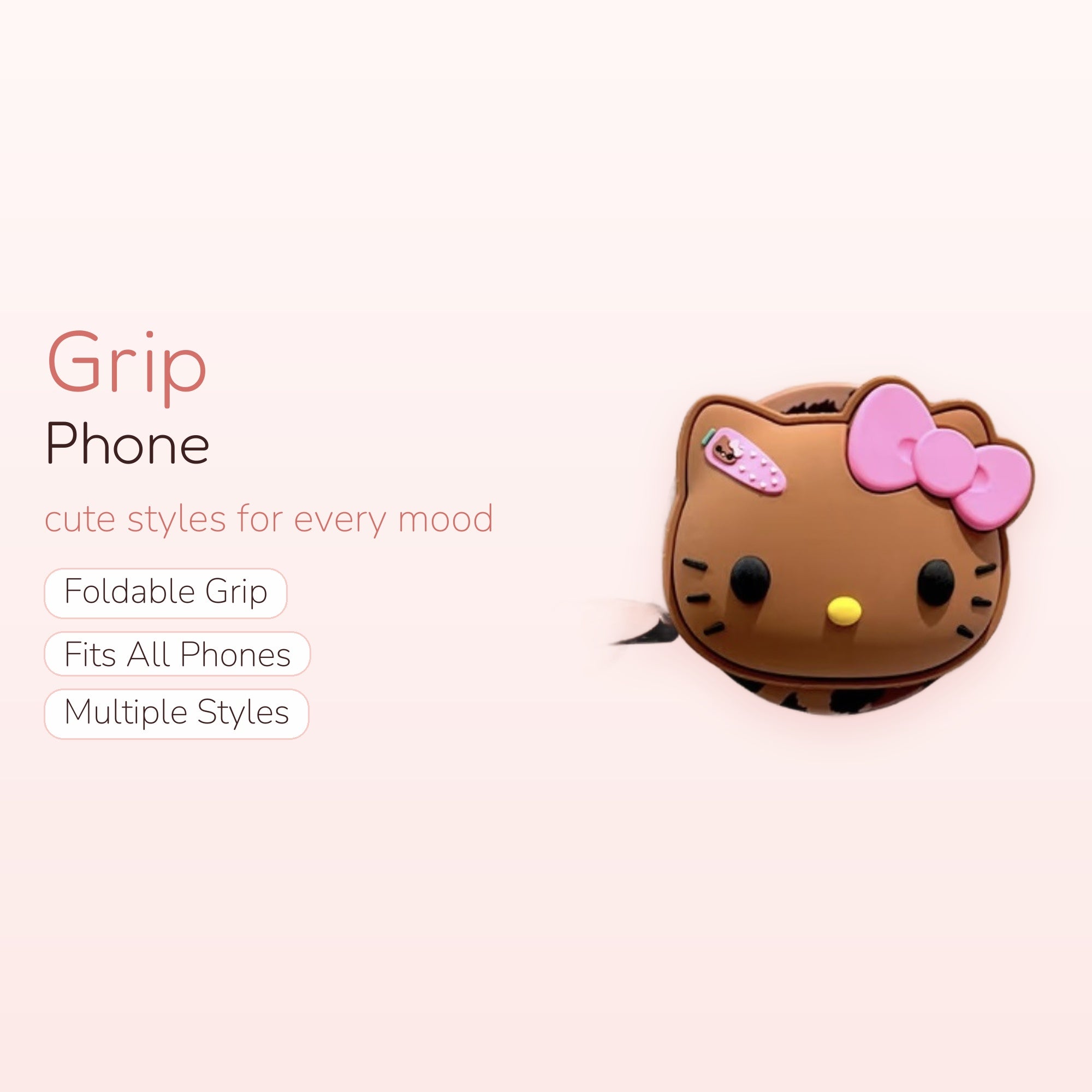 Brown Hello Kitty Silicone Phone Grip | Kawaii Pop Socket Stand for iPhone