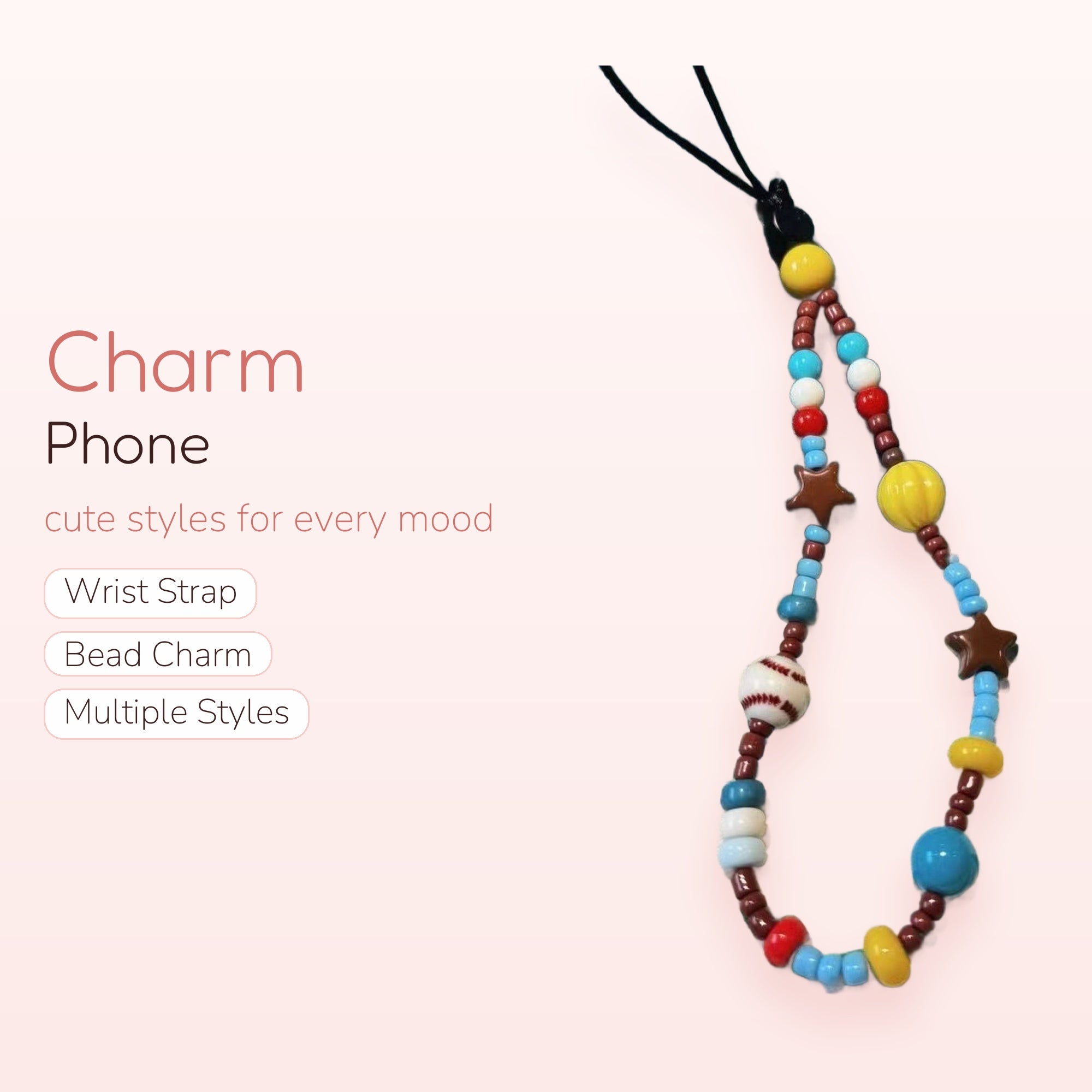 Kawaii Beaded Phone Charm Strap | Y2K Star & Baseball Wrist Lanyard