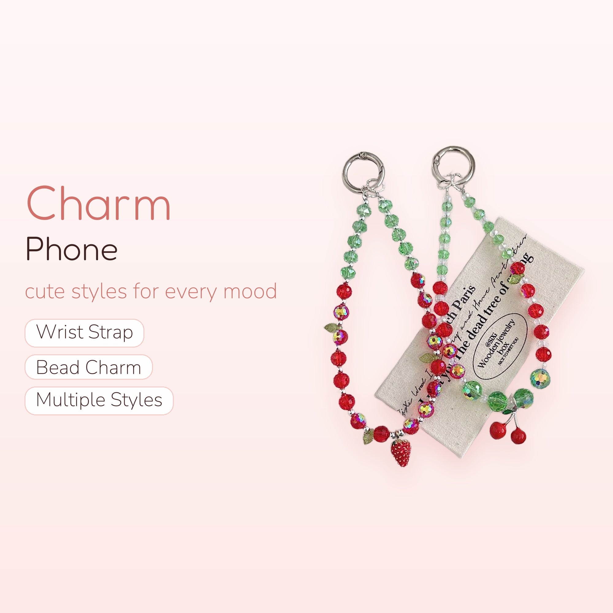 Strawberry & Cherry Beaded Phone Charm | Y2K Red & Green Crystal Wrist Strap