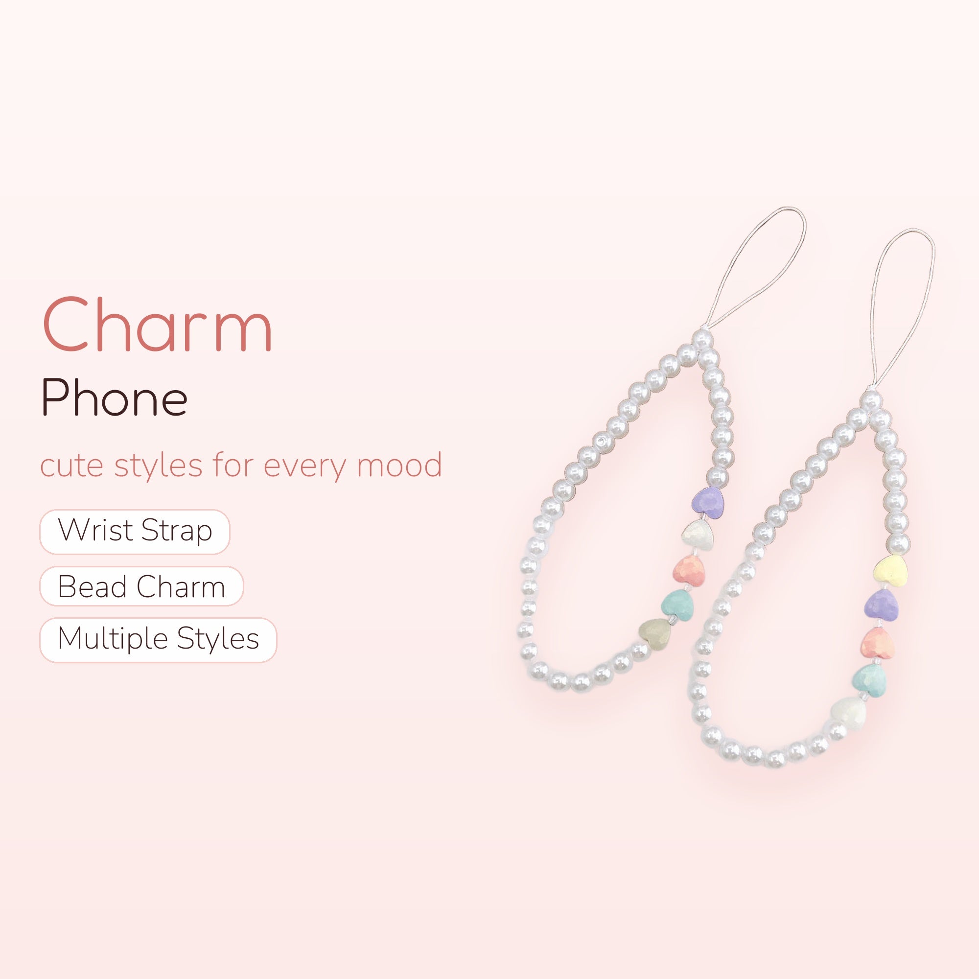 Kawaii Pearl & Pastel Heart Phone Charm Strap | Cute Beaded Wrist Lanyard