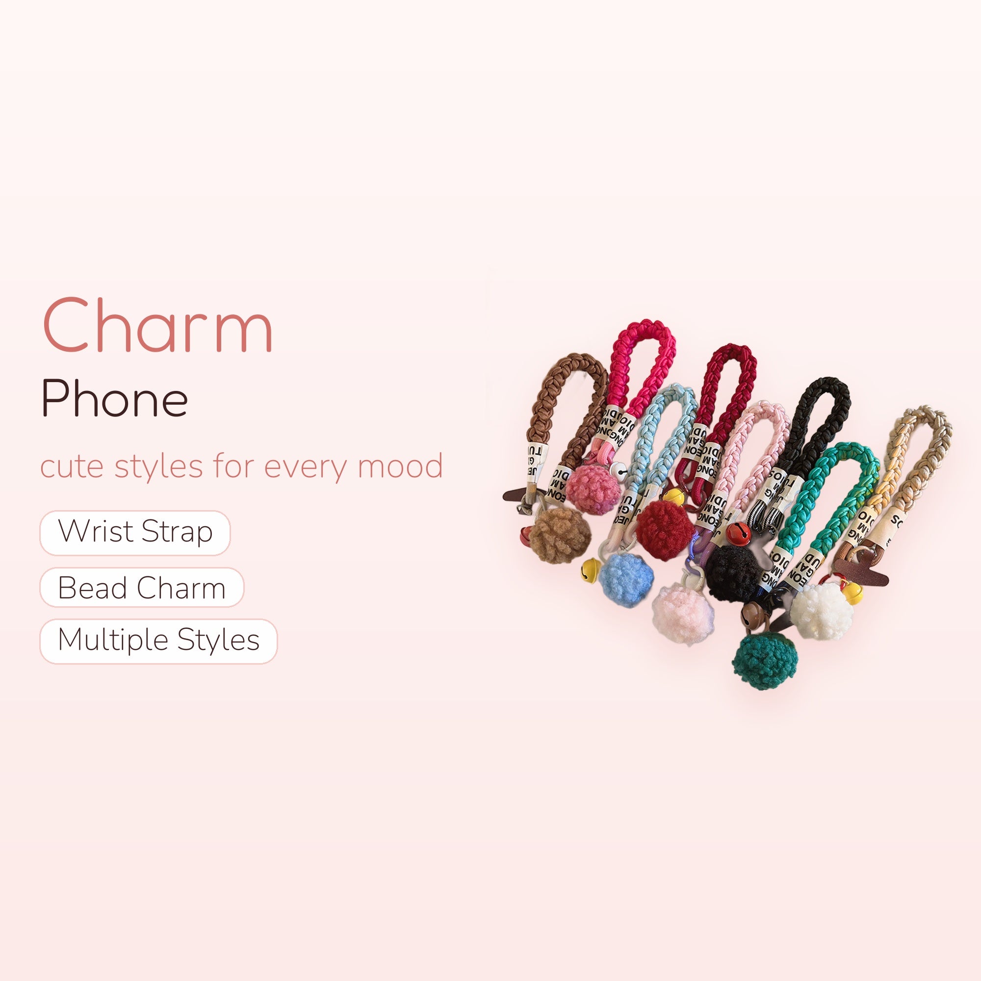 Braided Rope Wristlet Phone Charm | Colorful Pom Pom & Bell Lanyard