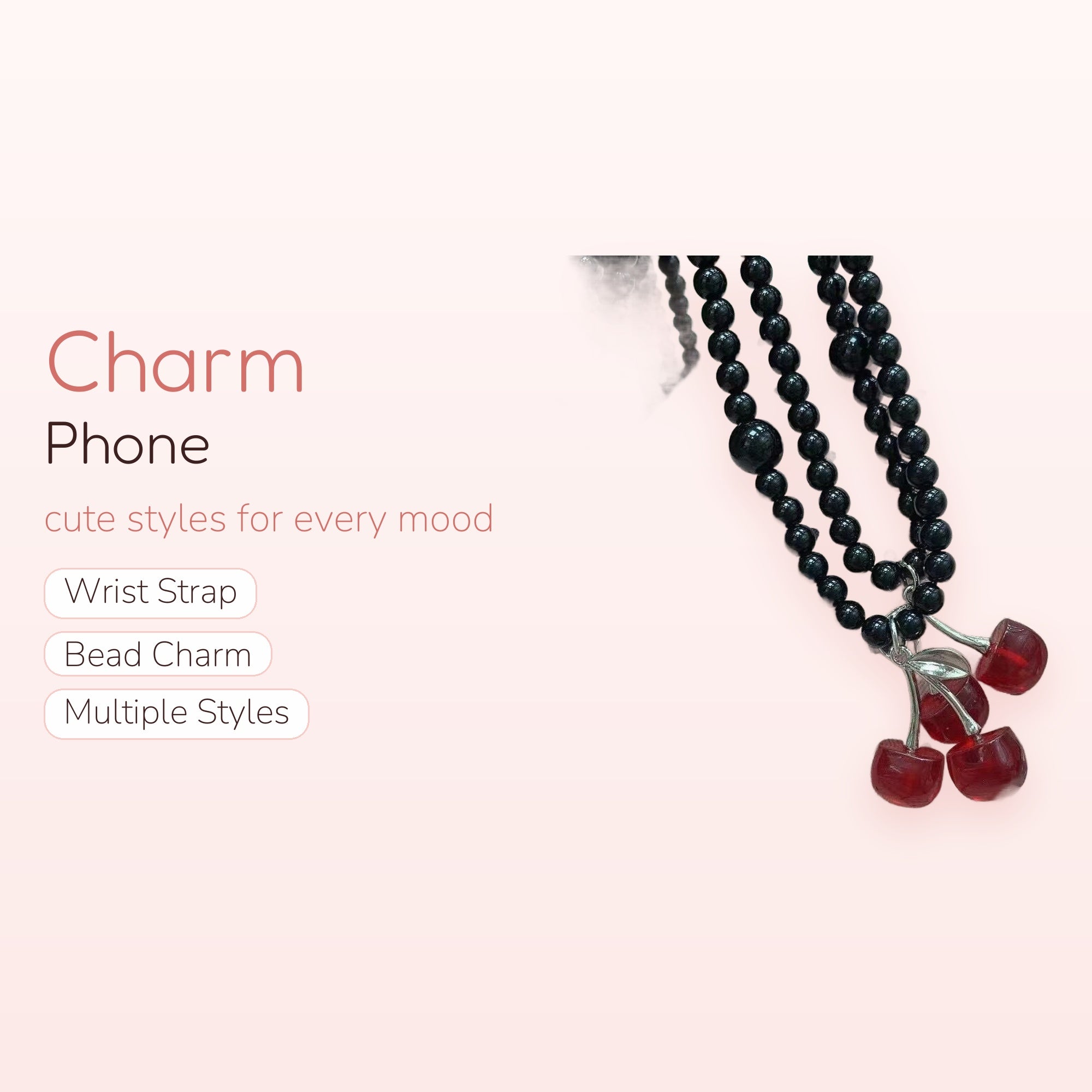 Kawaii Black Beaded Phone Charm | Red Cherry Fruit Wrist Lanyard
