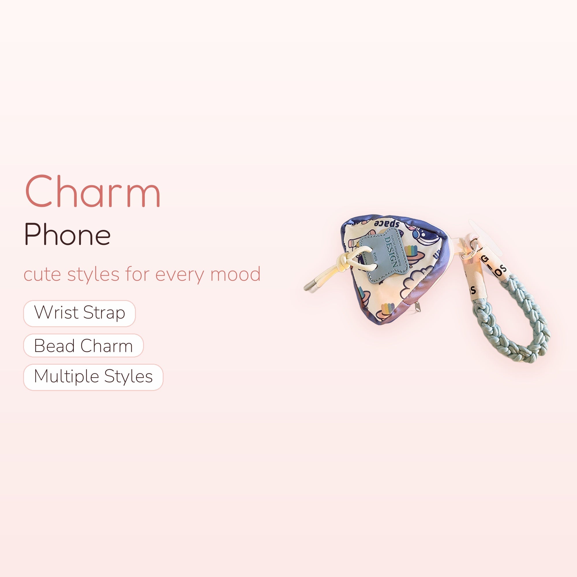Kawaii Space Triangle Pouch Phone Charm | Pastel Blue Braided Wrist Strap