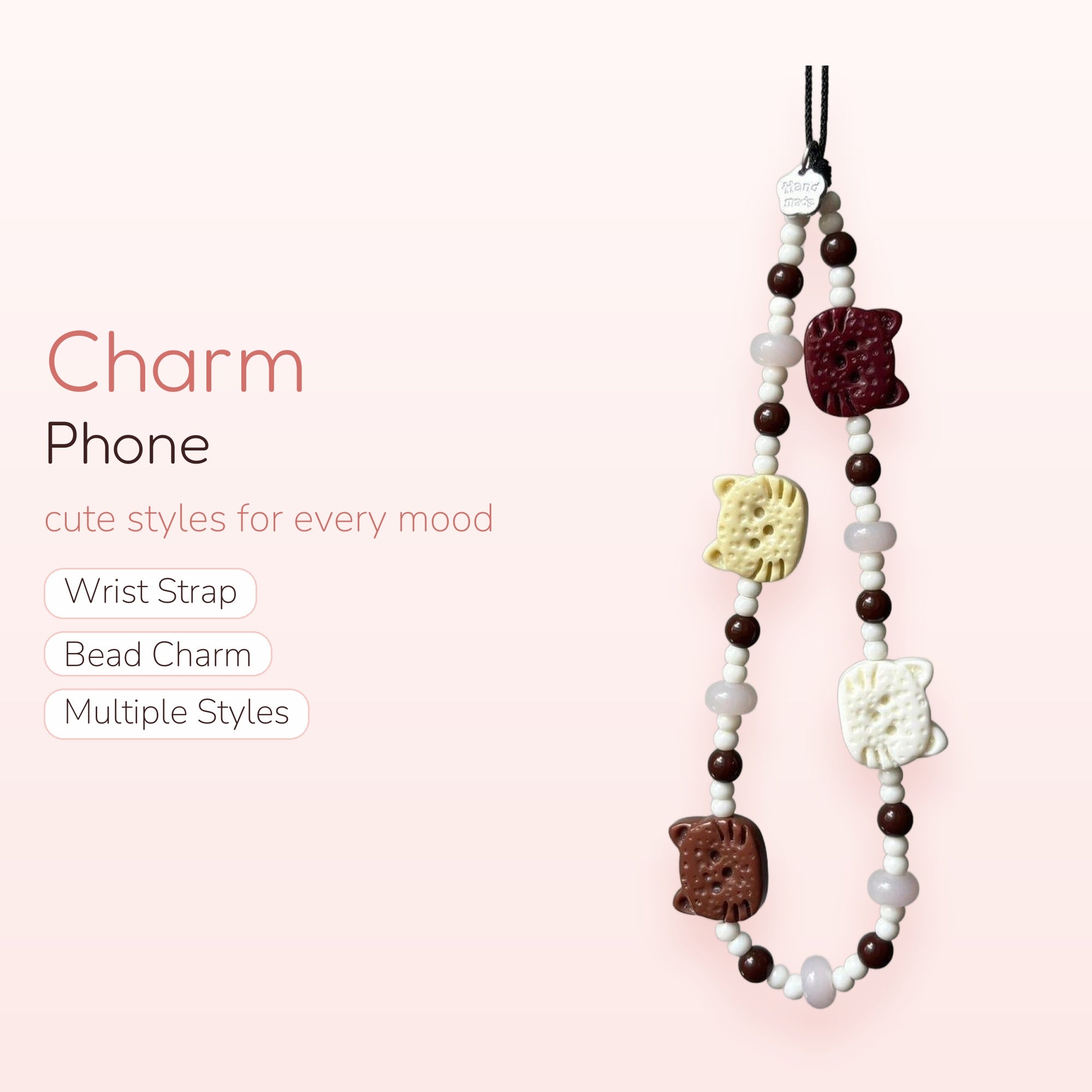 Cute Cat Cookie Beaded Phone Charm | Aesthetic Brown & White Wrist Strap