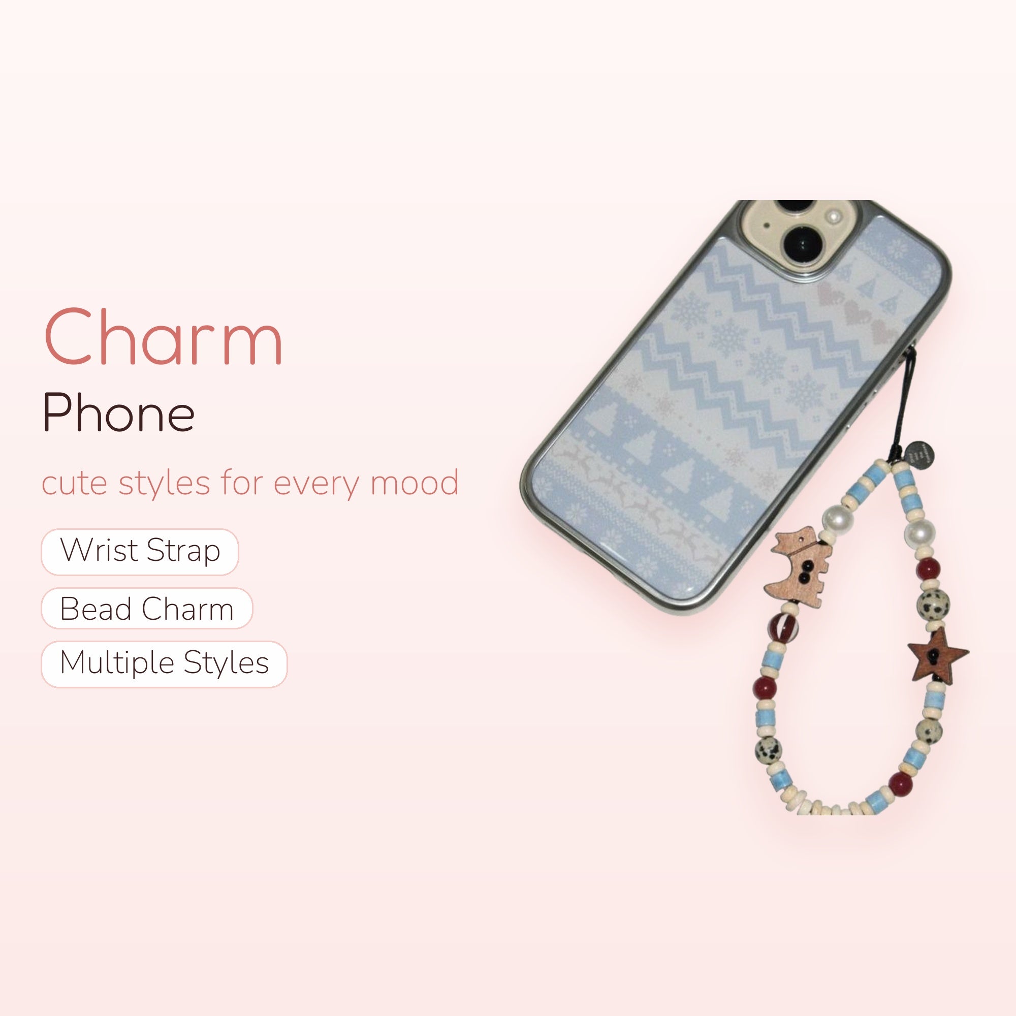Winter Fair Isle Beaded Phone Charm Strap | Cute Wooden Dinosaur & Star Lanyard