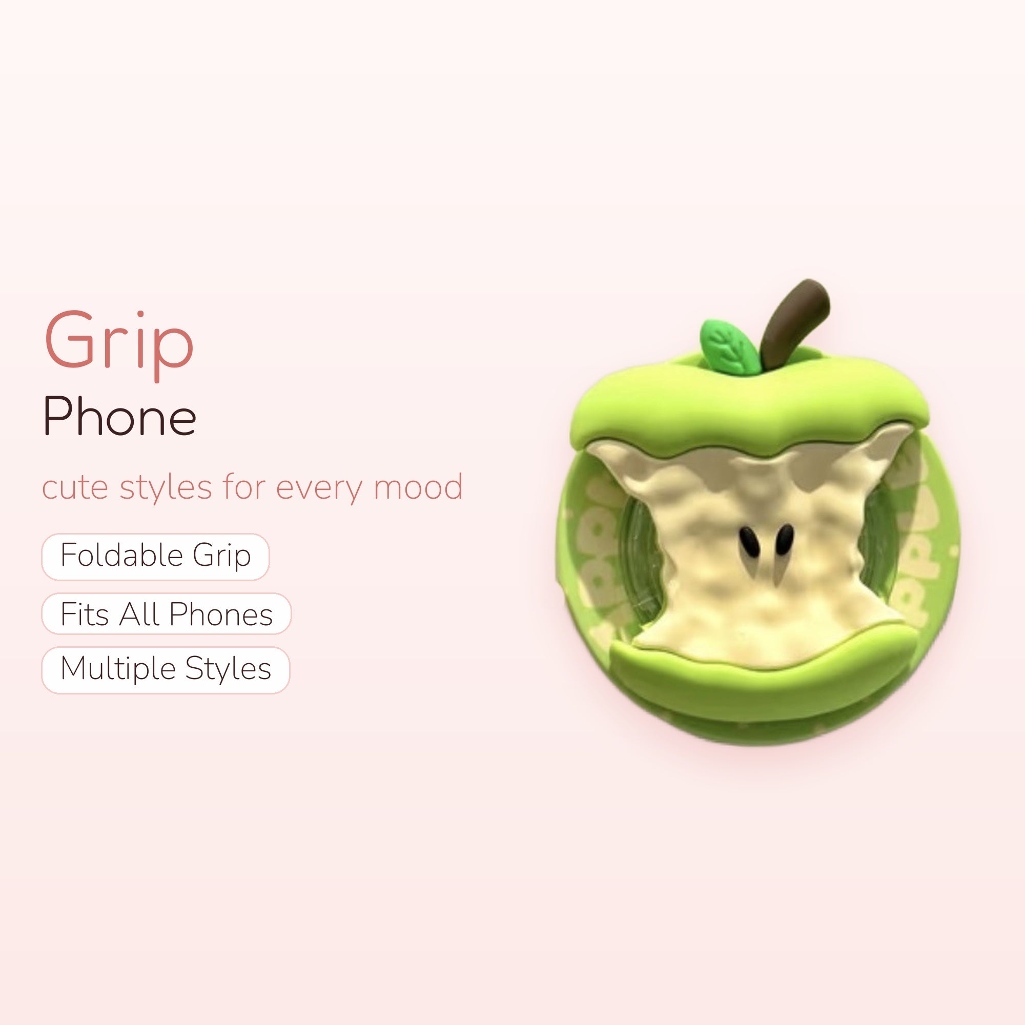 Kawaii Green Apple Core Phone Grip | Cute Bitten Fruit Pop Socket Stand