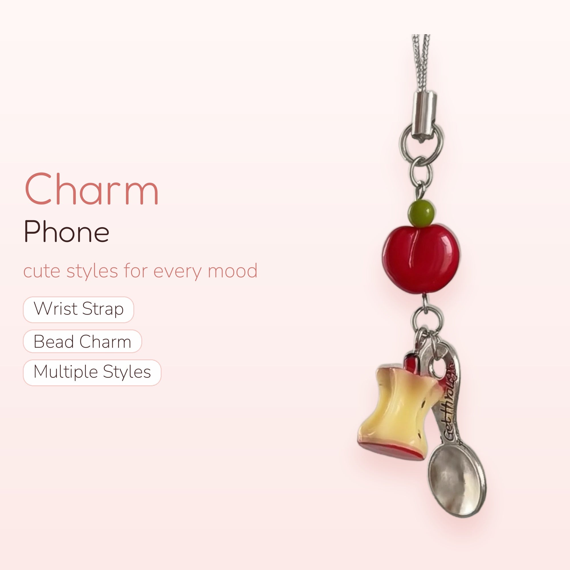Cute Apple Core & Spoon Phone Charm | Red Apple Beaded Lanyard