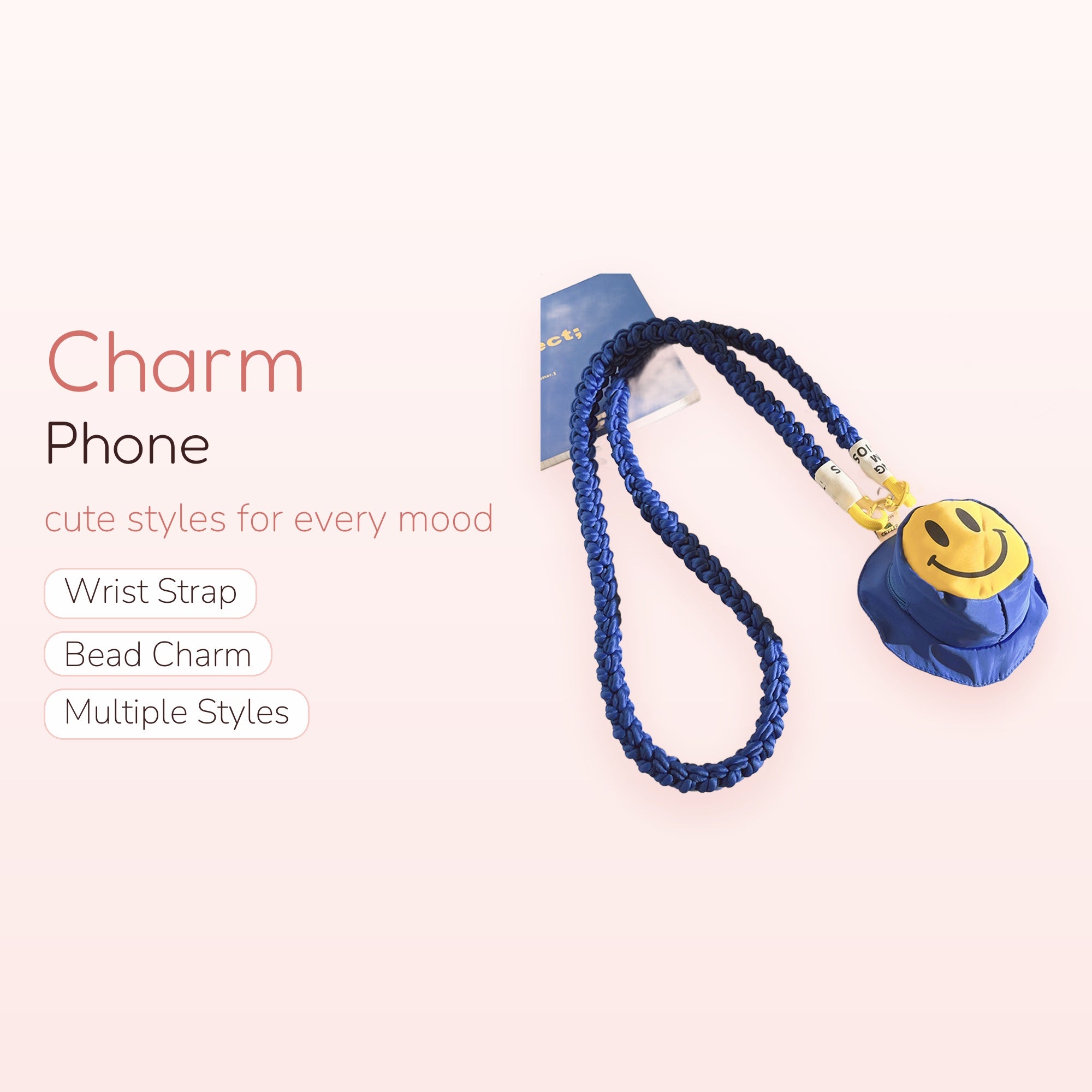 Blue Braided Lanyard Phone Charm | Cute Smiley Face Bucket Hat Strap
