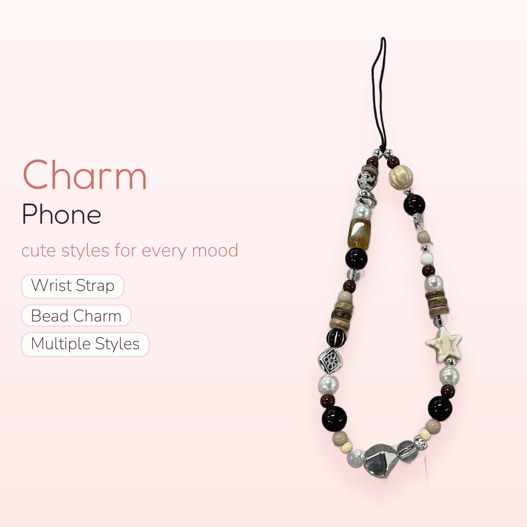 Aesthetic Neutral Beaded Phone Charm Strap | Earthy Toned Pearl & Star Wrist Lanyard