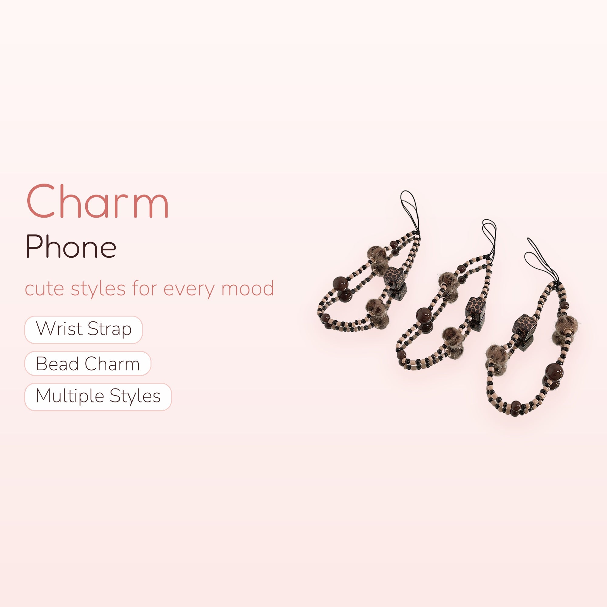 Aesthetic Brown Beaded Phone Charm Strap | Leopard Print Cube & Faux Fur Wrist Lanyard
