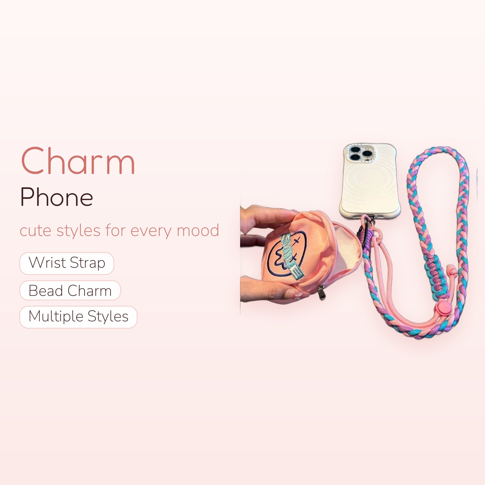 Braided Pastel Pink, Purple & Blue Phone Lanyard with Mini Pouch | Aesthetic Crossbody Strap
