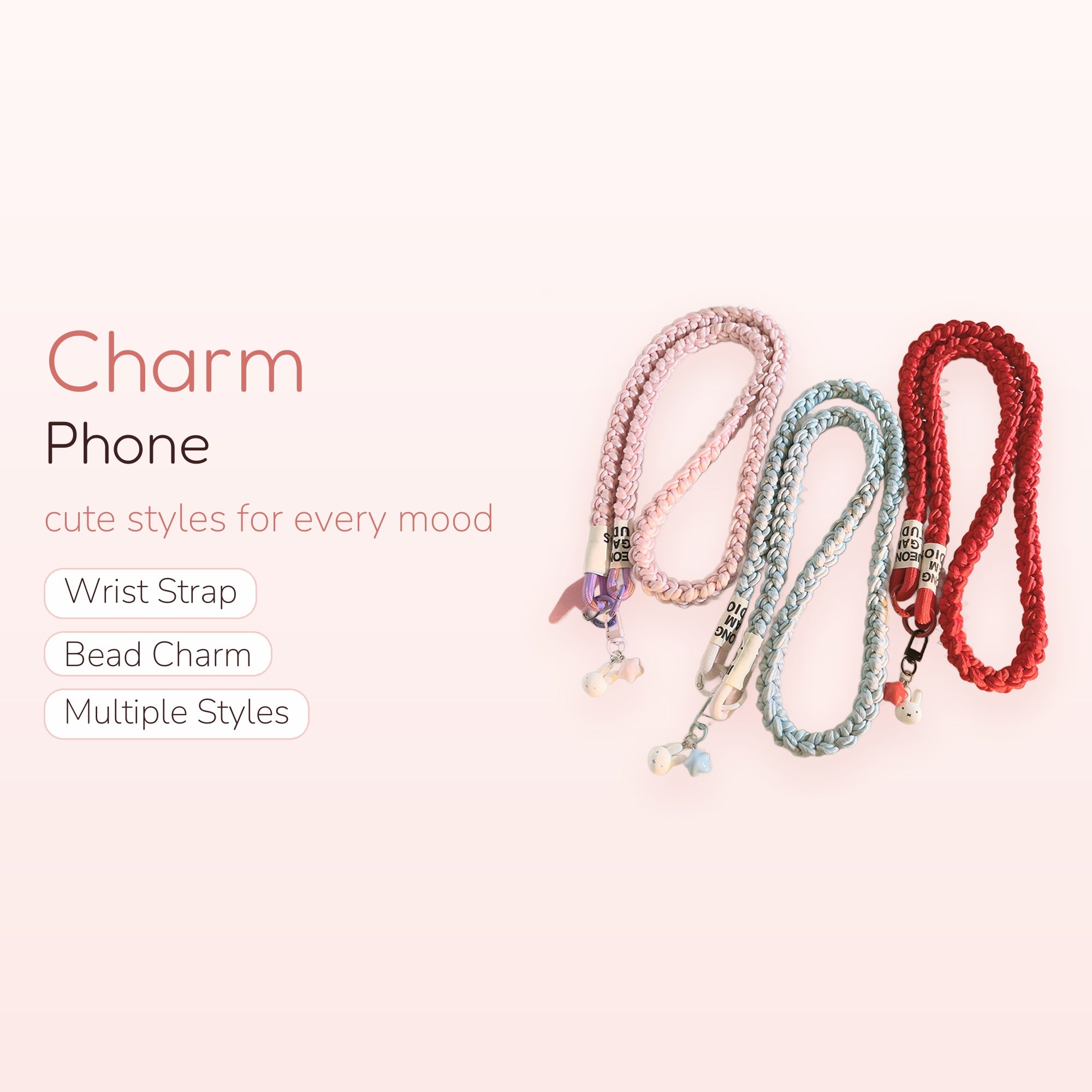 Braided Rope Phone Lanyard | Pastel Pink Blue Red Crossbody Strap with Charms
