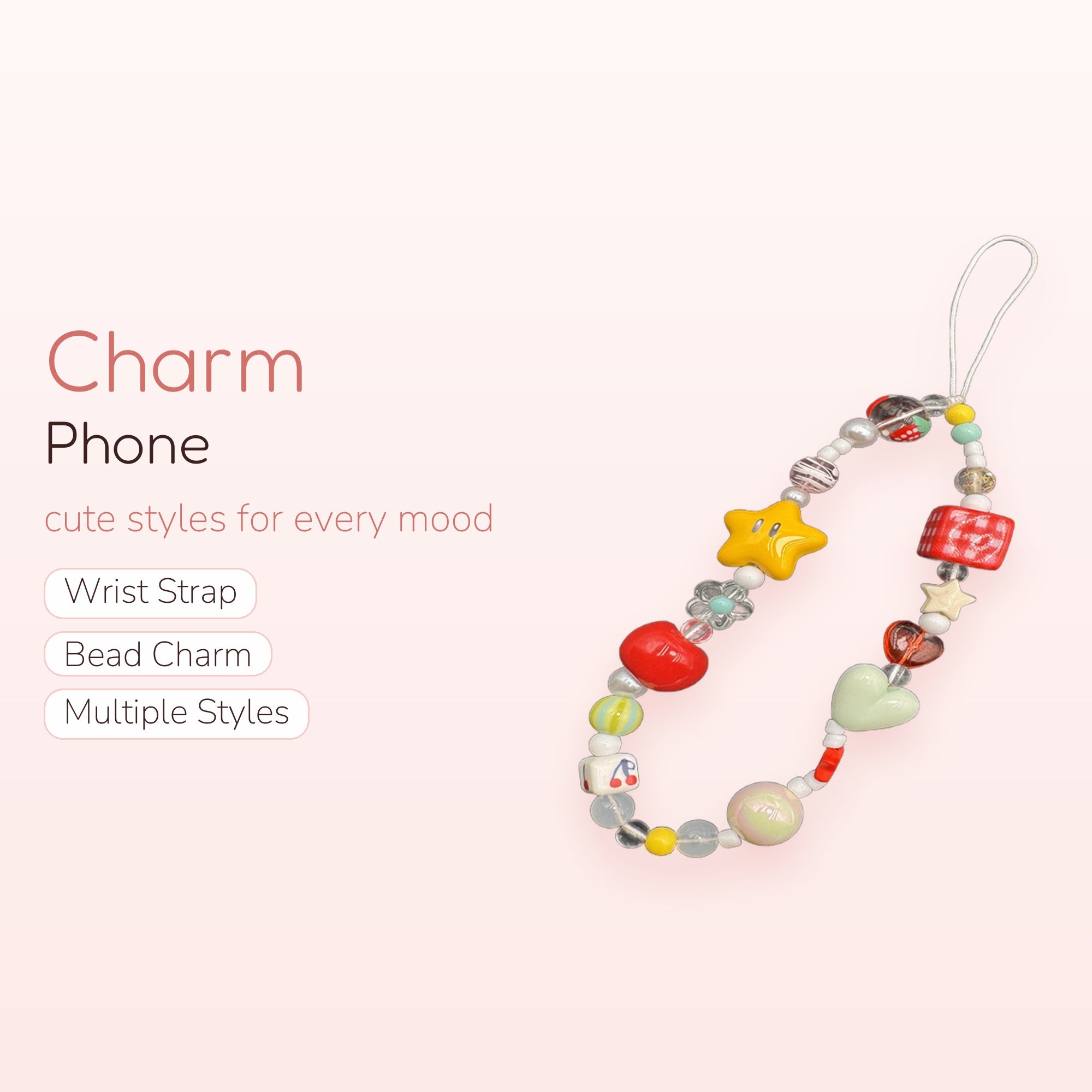 Kawaii Beaded Phone Charm Strap | Colorful Star Heart Cherry Wrist Lanyard