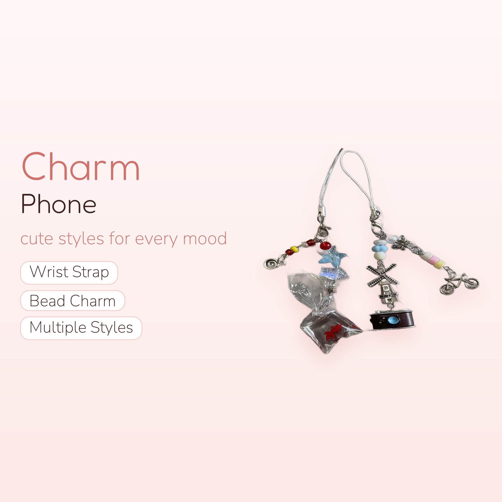Aesthetic Beaded Phone Charm Strap | Y2K Goldfish Windmill Camera Bicycle Charms