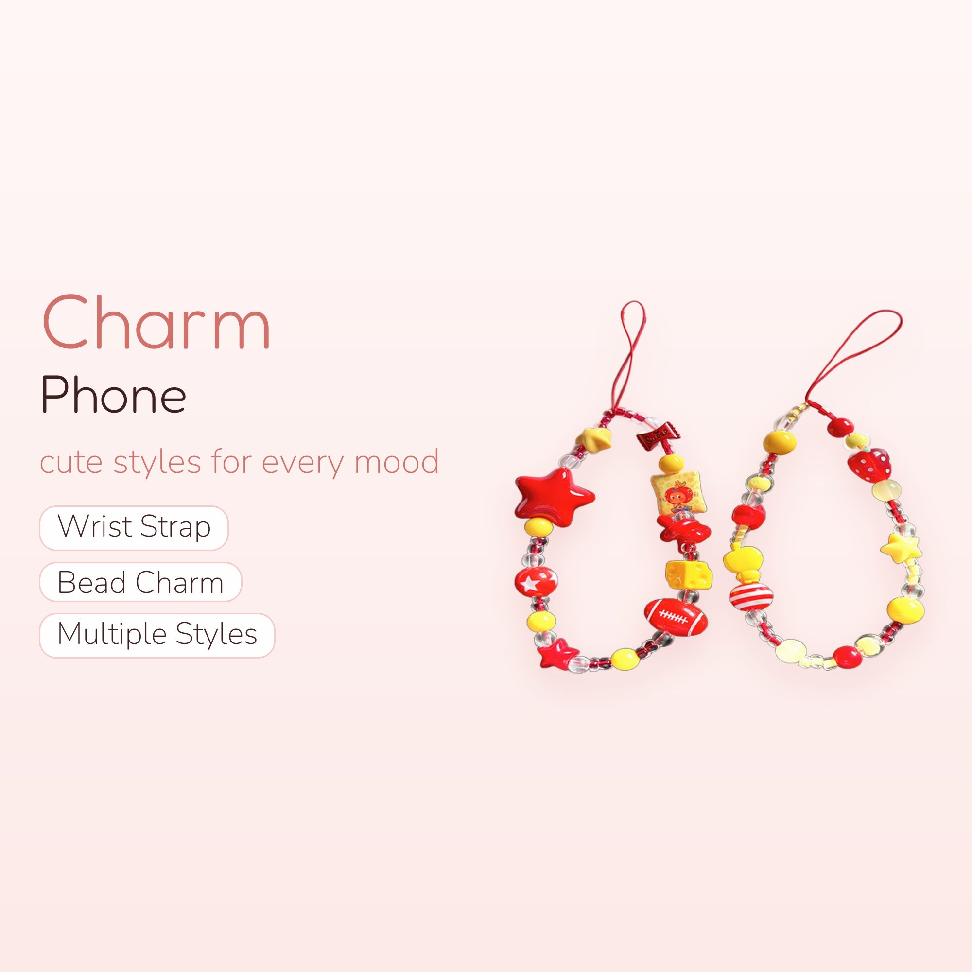 Cute Red & Yellow Beaded Phone Charm | Kawaii Star & Fruit Wrist Strap