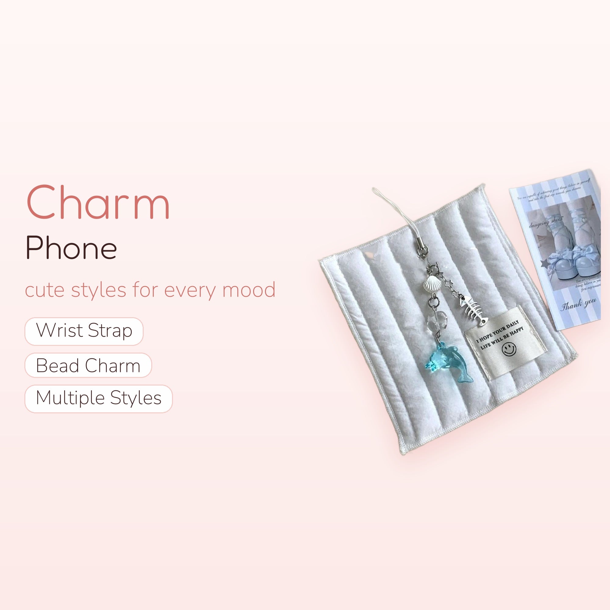 Cute Blue Dolphin & Seashell Phone Charm | Aesthetic Fishbone Beaded Wrist Strap