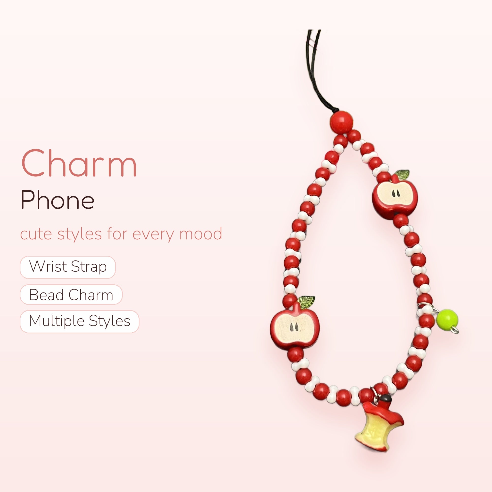 Kawaii Red Apple Beaded Phone Charm | Cute Fruit Core Wrist Lanyard