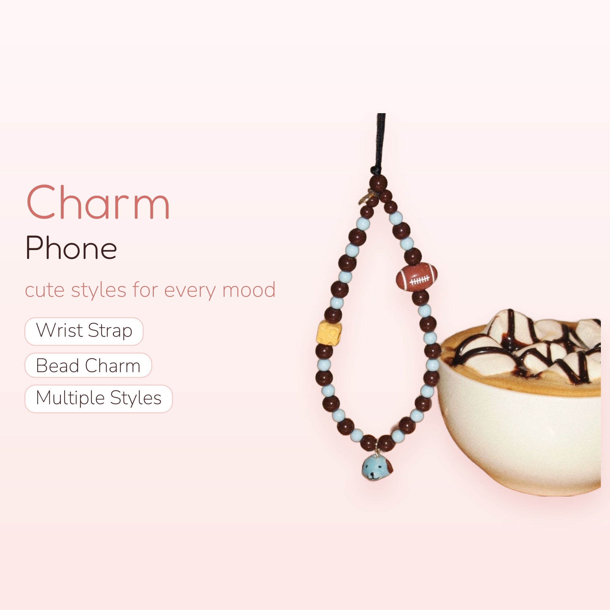 Chocolate & Pastel Blue Beaded Phone Charm | Football & Puppy Dog Wrist Strap