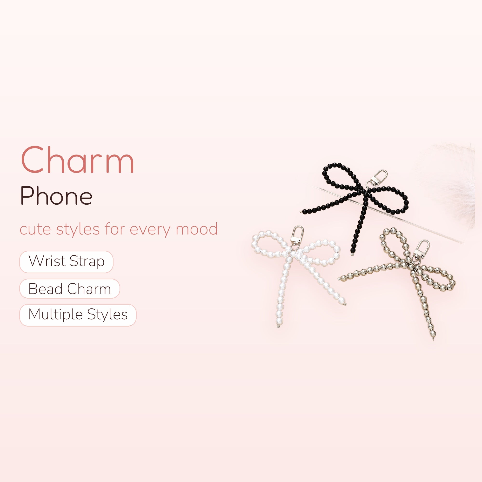 Cute Beaded Bow Phone Charm | Pearl, Black, & Silver Aesthetic Wrist Strap