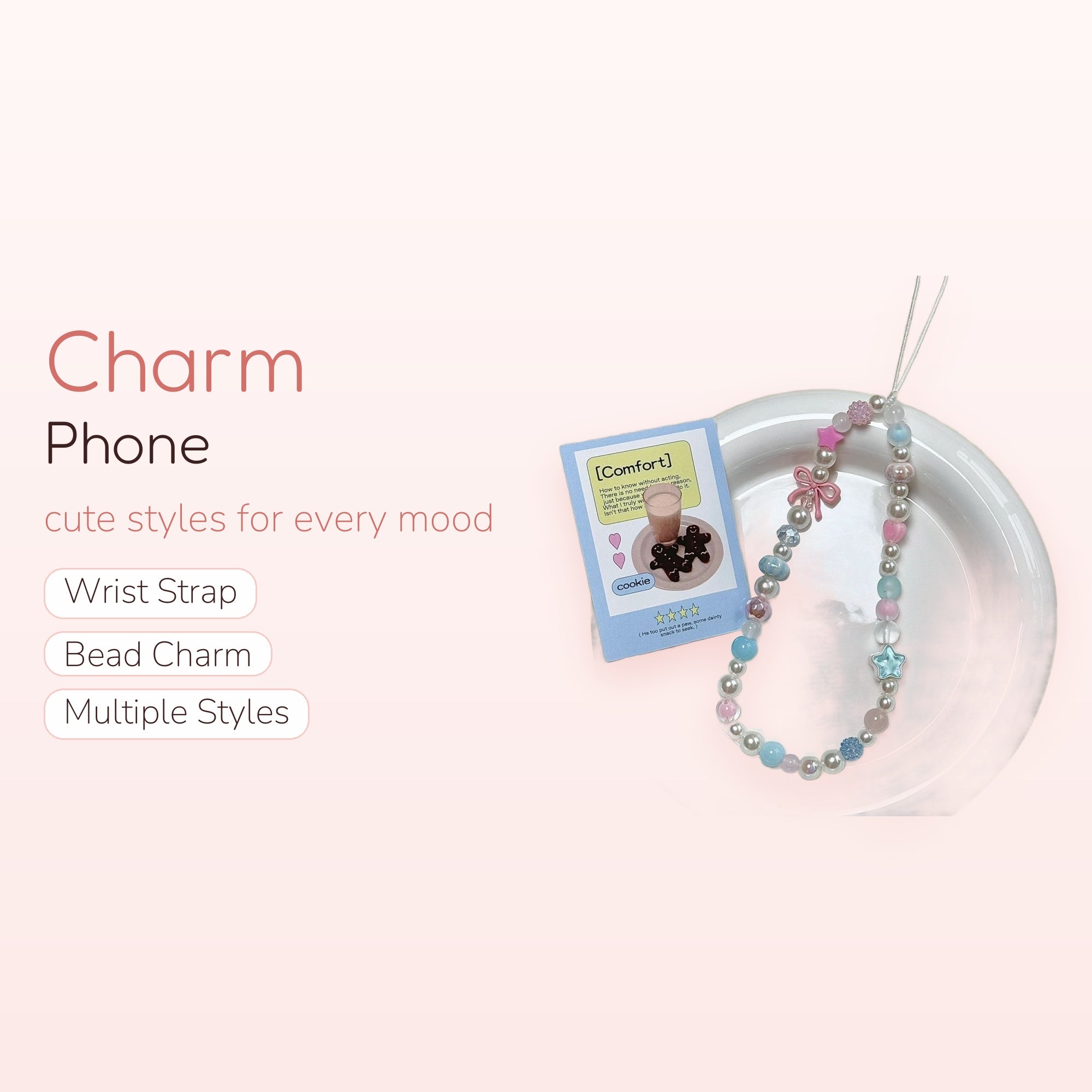 Pastel Pearl & Star Phone Charm Strap | Kawaii Beaded Wrist Lanyard