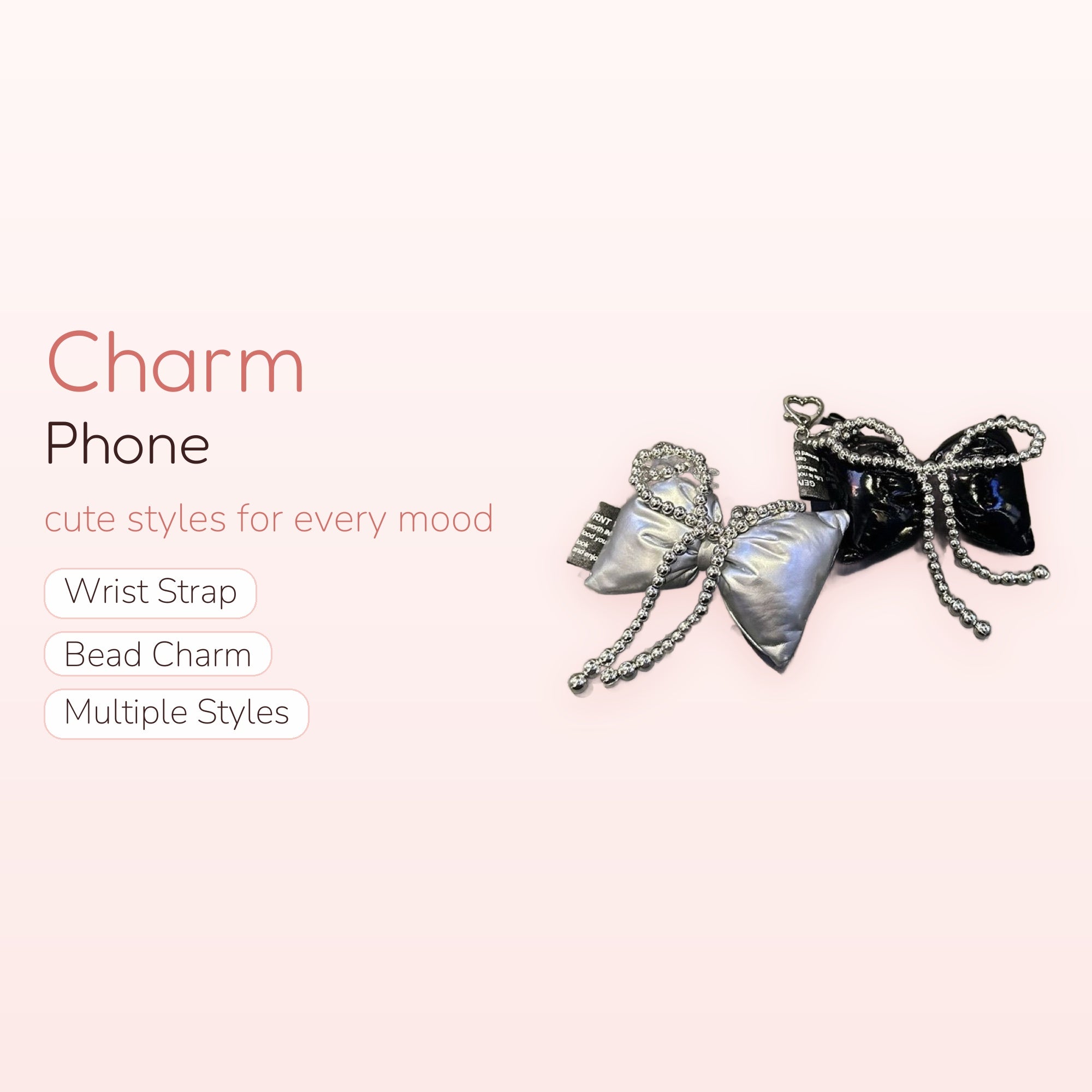 Y2K Puffy Bow Phone Charm | Silver & Black Beaded Wrist Lanyard