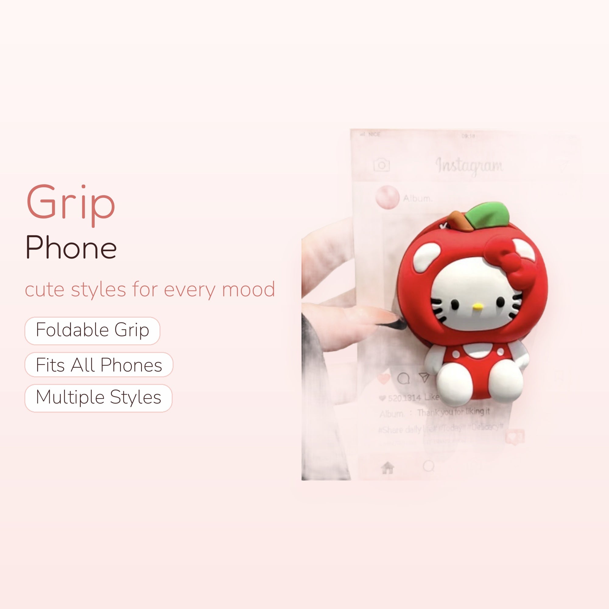 Cute Hello Kitty Apple Phone Grip | Kawaii Red Pop Socket Stand