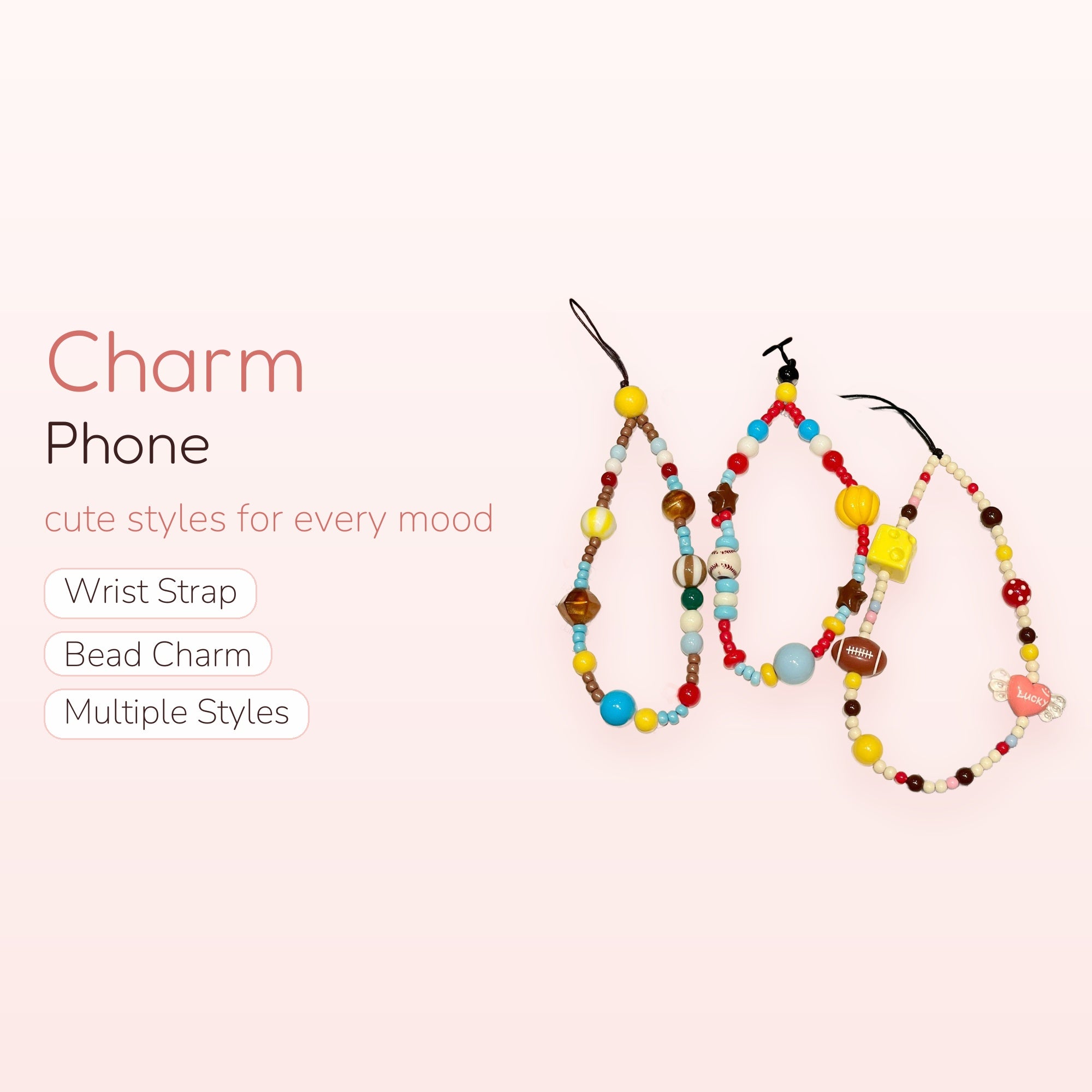 Kawaii Beaded Phone Charm Strap | Aesthetic Y2K Wrist Lanyard with Fun Charms