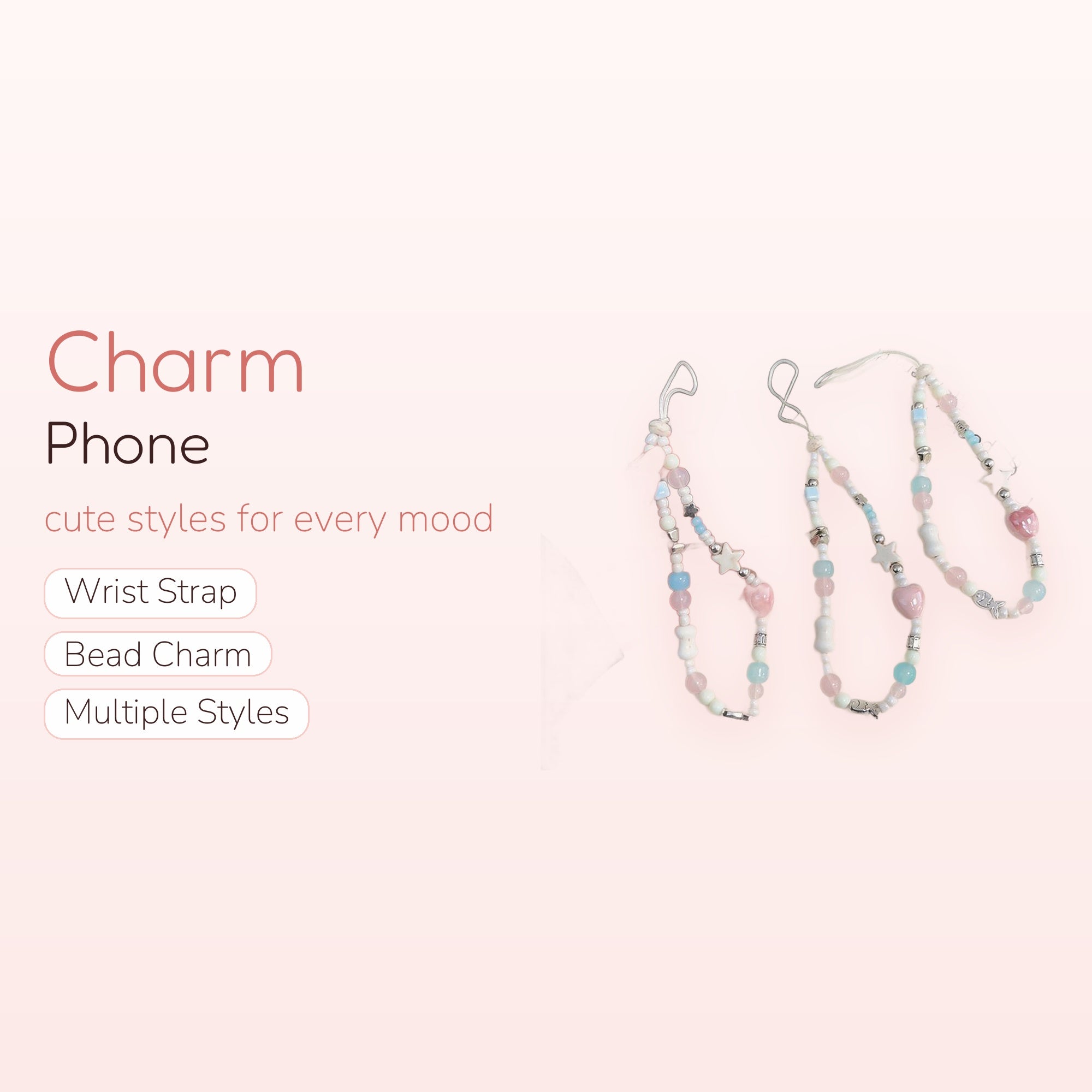 Pastel Beaded Phone Charm Strap | Kawaii Heart & Star Wrist Lanyard