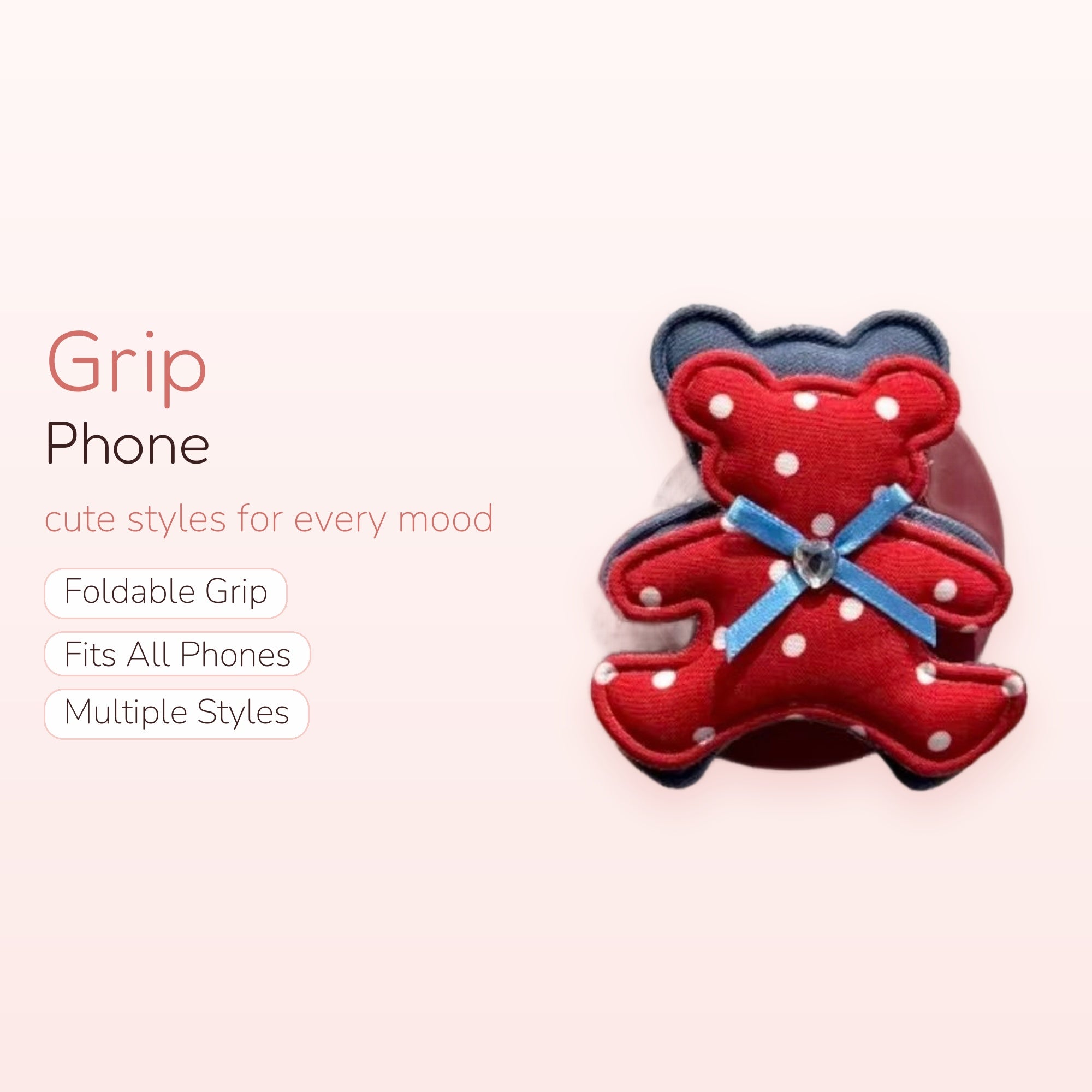 Cute Red Polka Dot Bear Phone Grip | Kawaii Fabric Pop Socket Stand